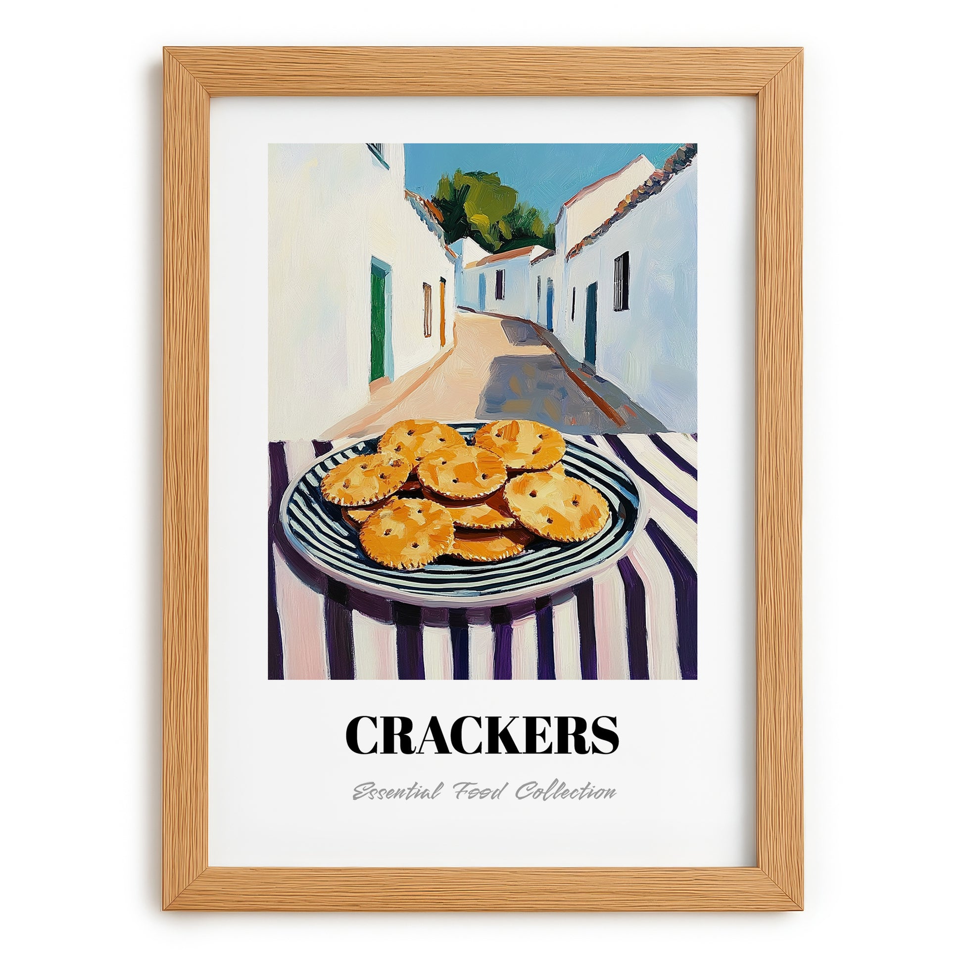 Crackers – White village Urban Café Scene, American Food Wall Print, set in oak frame