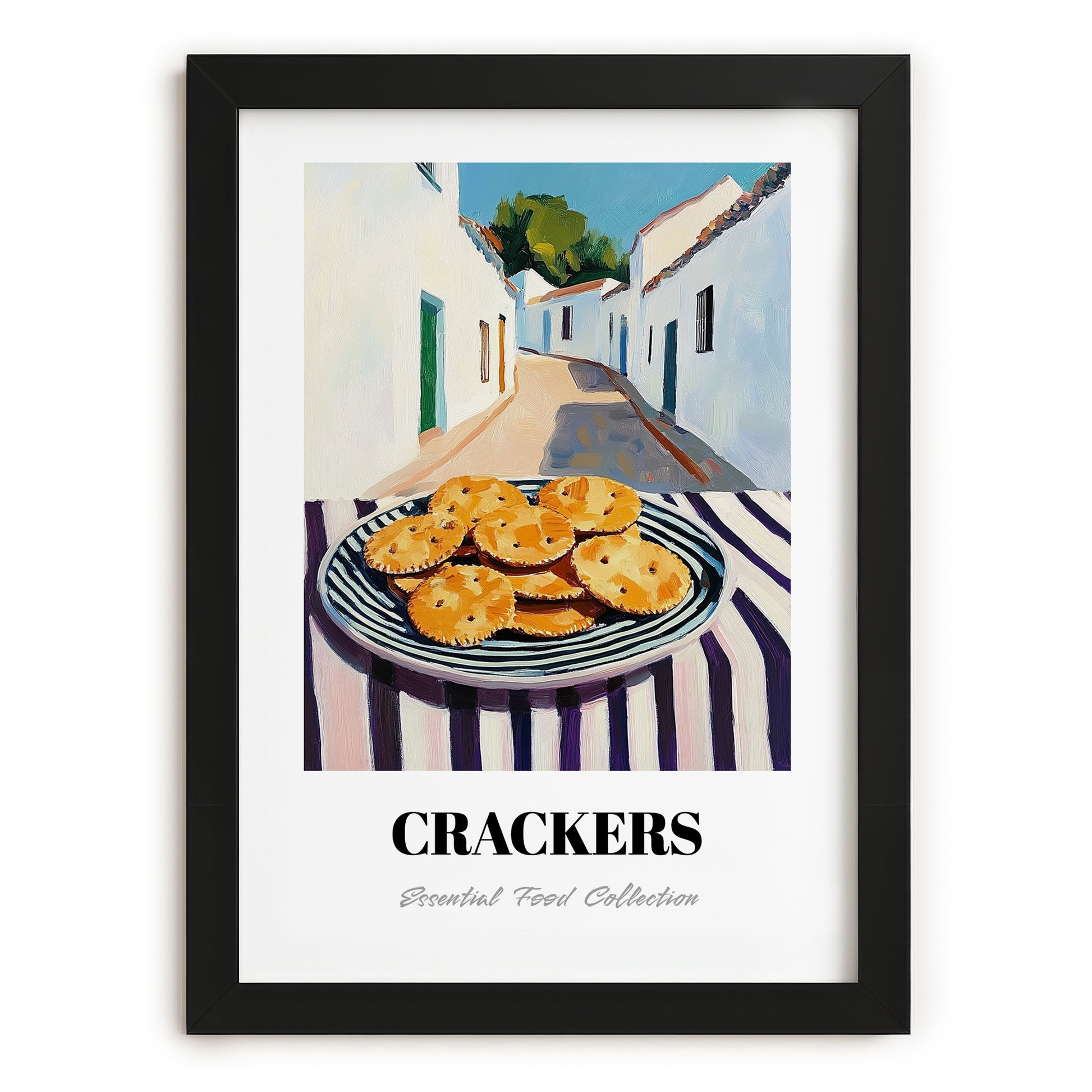 Crackers – White village Urban Café Scene, American Food Wall Print, in sleek black frame