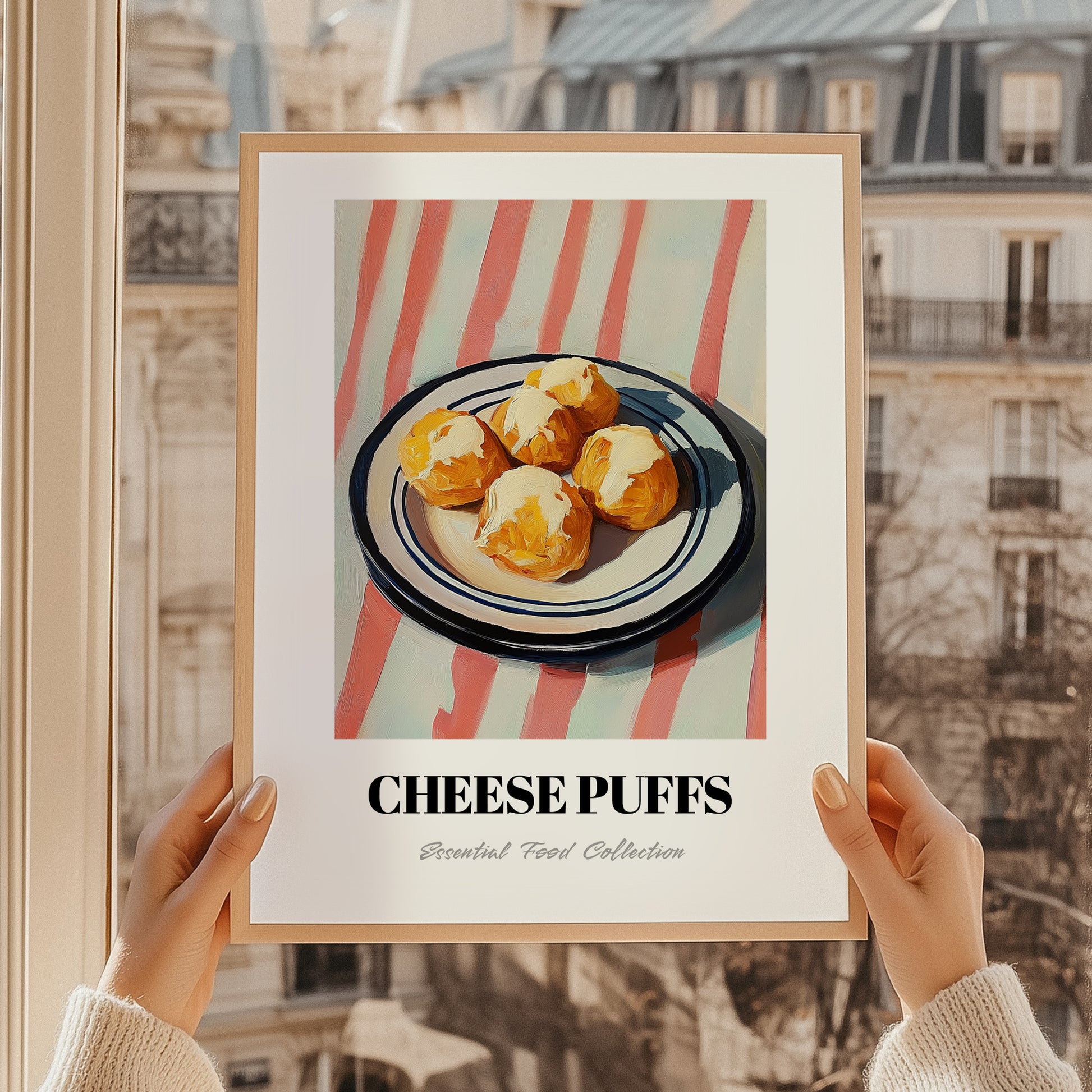 Cheese Puffs – on Striped Tablecloth, American Cheese Painting, styled in a charming Paris street view