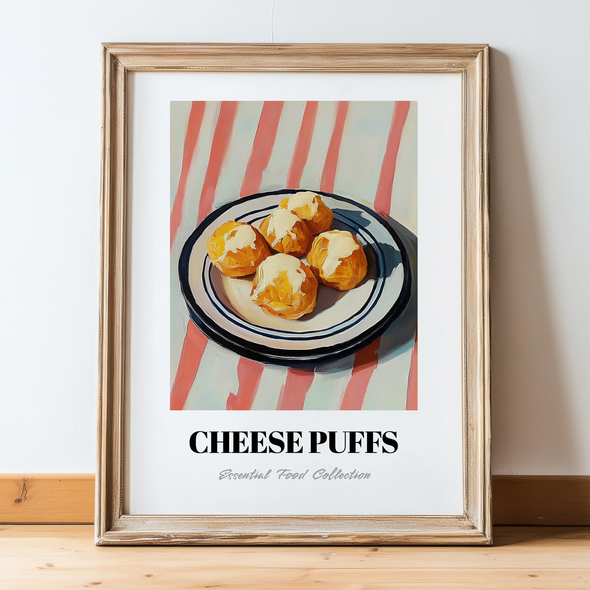 Cheese Puffs – on Striped Tablecloth, American Cheese Painting, in wooden frame leaning on the floor