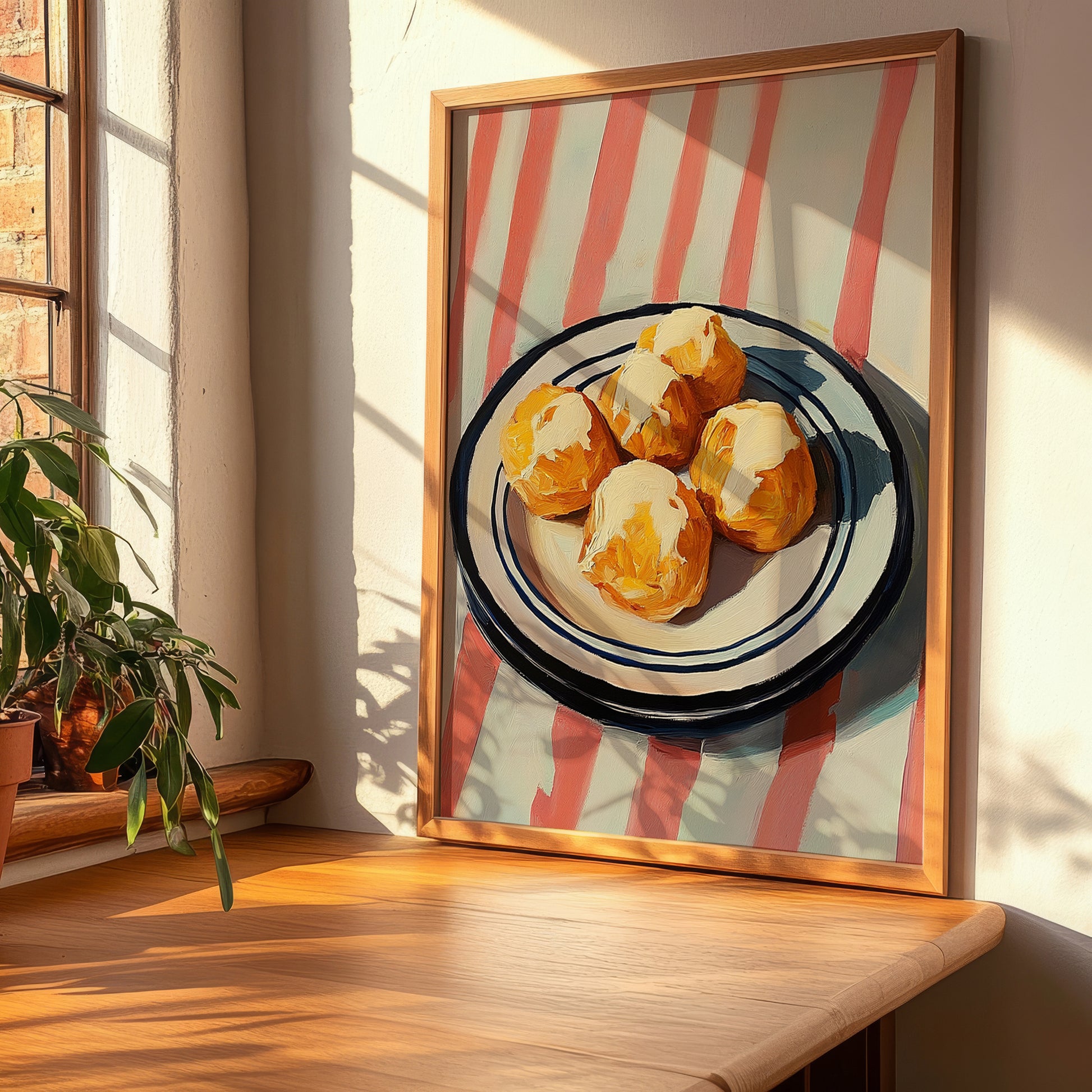 Cheese Puffs – on Striped Tablecloth, American Cheese Painting, clean layout with no caption