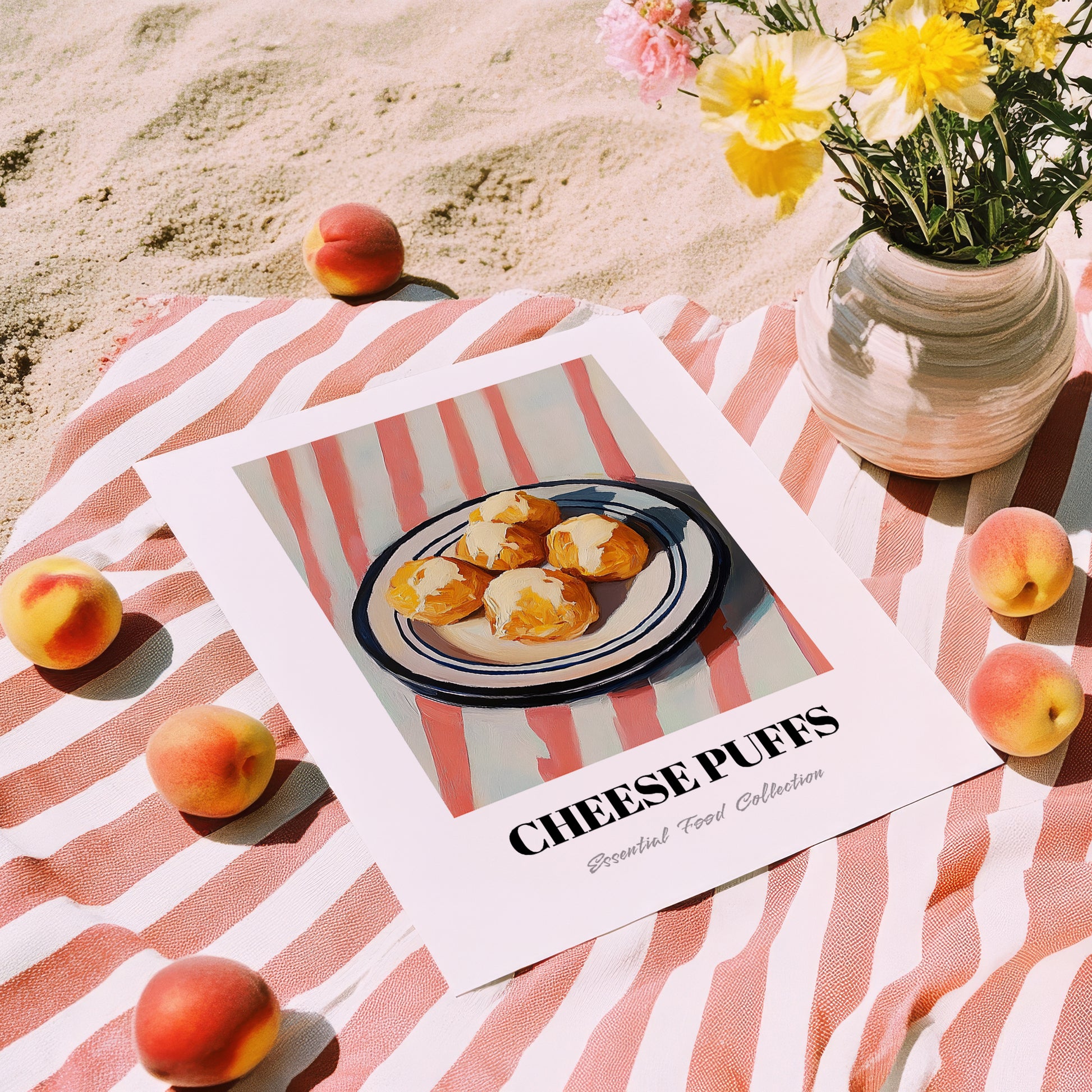 Cheese Puffs – on Striped Tablecloth, American Cheese Painting, unframed on coastal sand