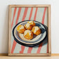 Cheese Puffs – on Striped Tablecloth, American Cheese Painting, no-text version framed in wood