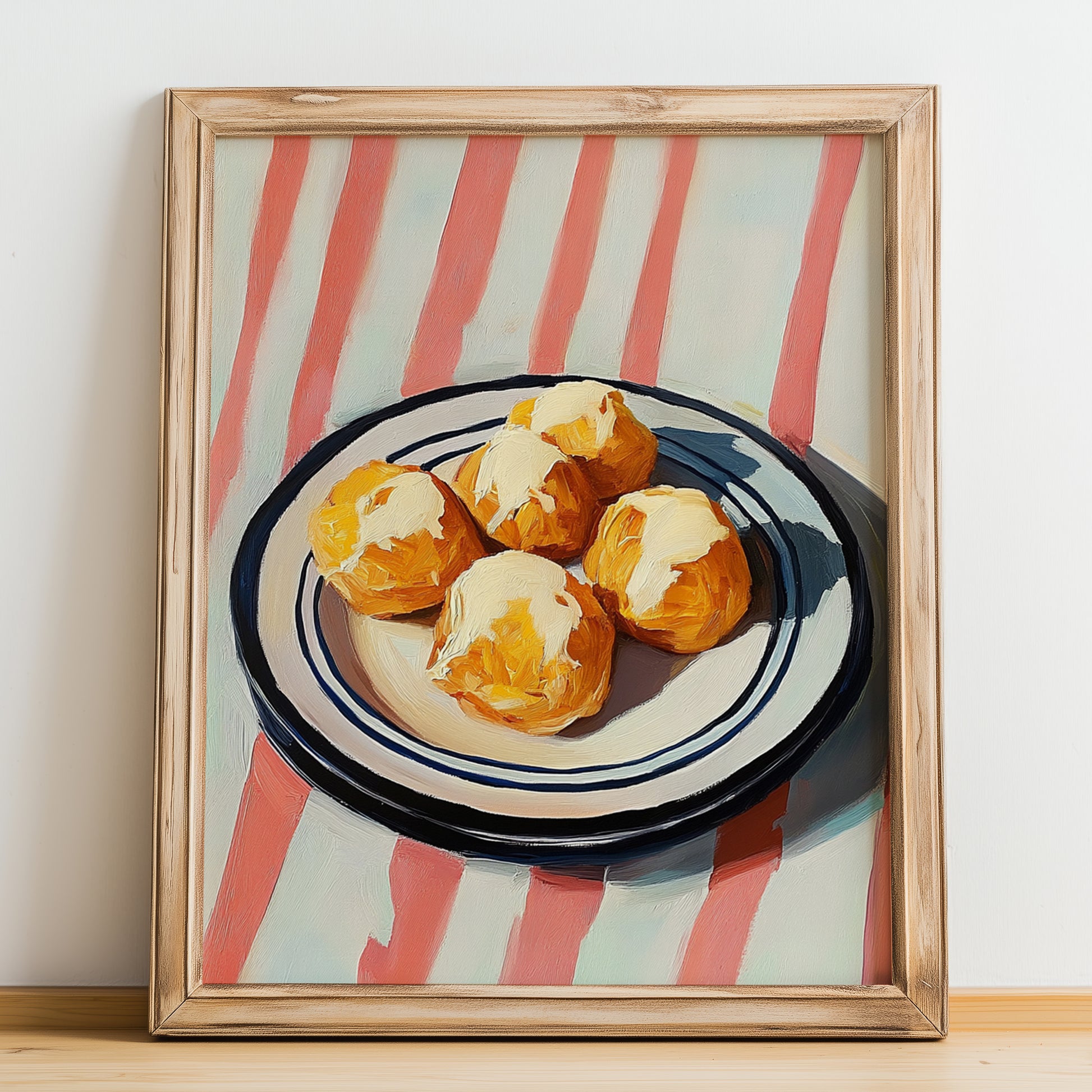 Cheese Puffs – on Striped Tablecloth, American Cheese Painting, no-text version framed in wood