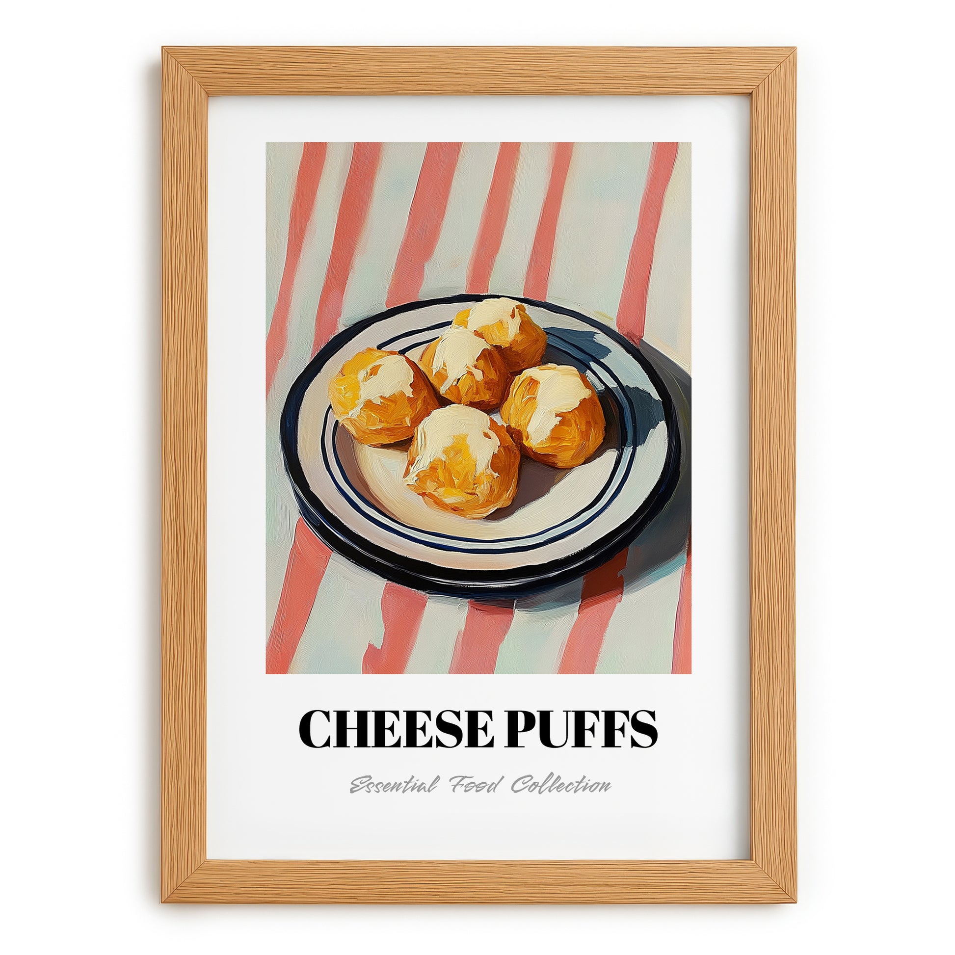 Cheese Puffs – on Striped Tablecloth, American Cheese Painting, set in oak frame