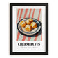 Cheese Puffs – on Striped Tablecloth, American Cheese Painting, in sleek black frame