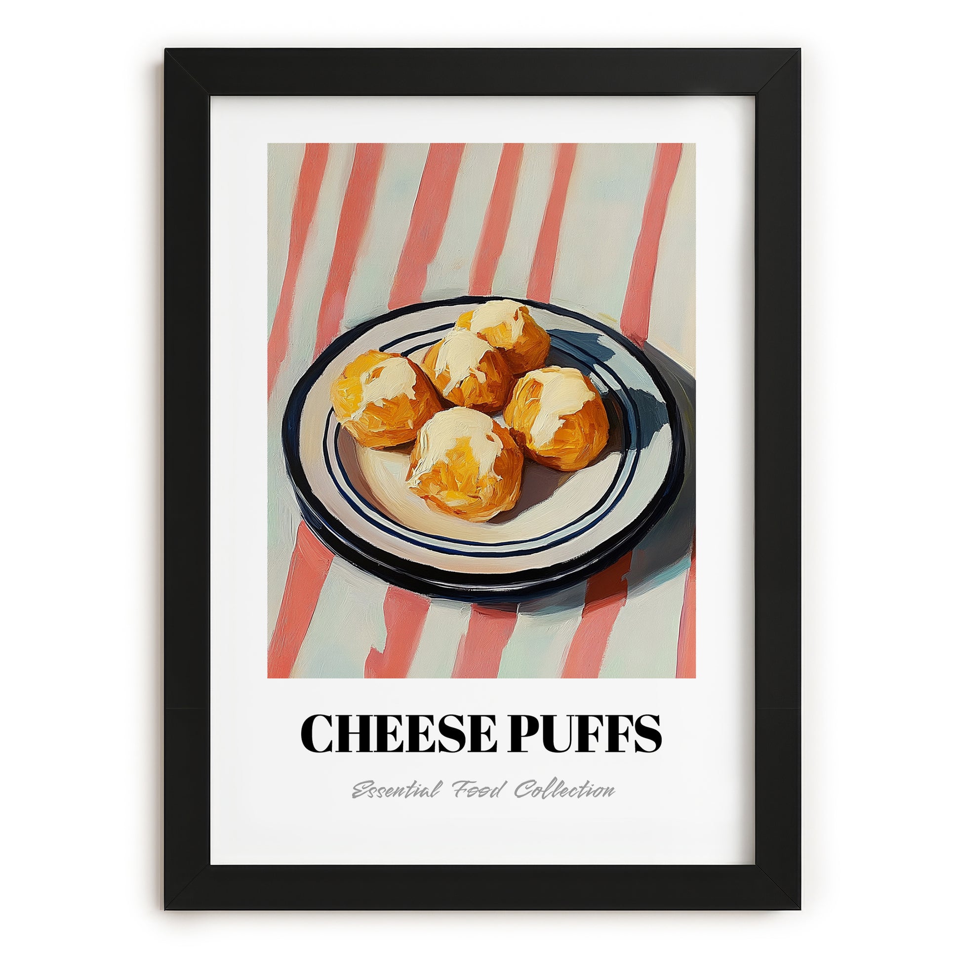 Cheese Puffs – on Striped Tablecloth, American Cheese Painting, in sleek black frame