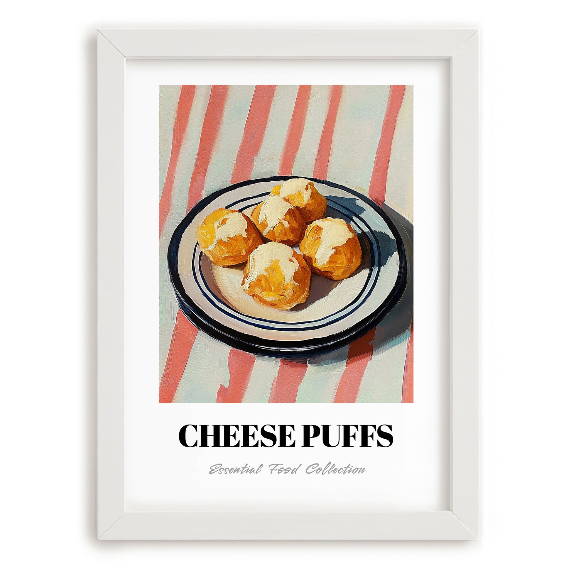 Cheese Puffs – on Striped Tablecloth, American Cheese Painting, placed in minimal white frame