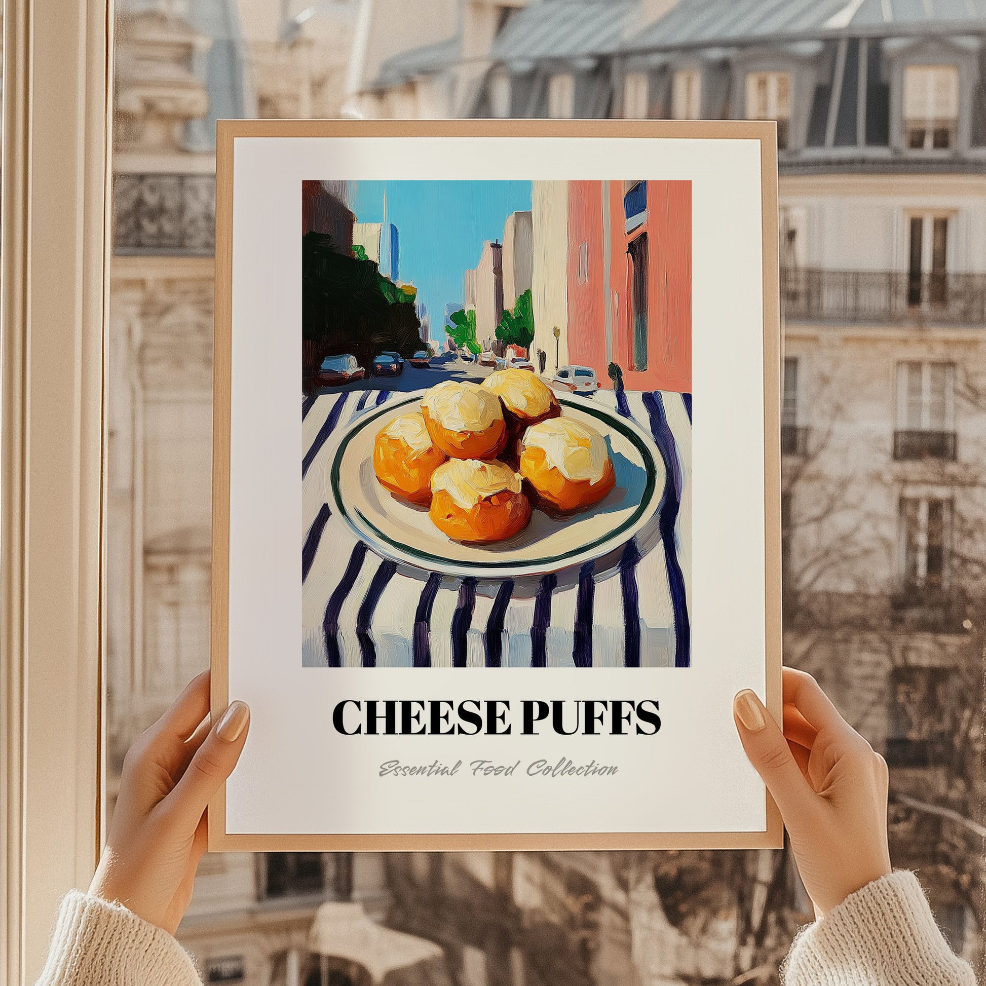 Cheese Puffs – New York Outdoor Café Scene, American Cheese Illustration, styled in a charming Paris street view