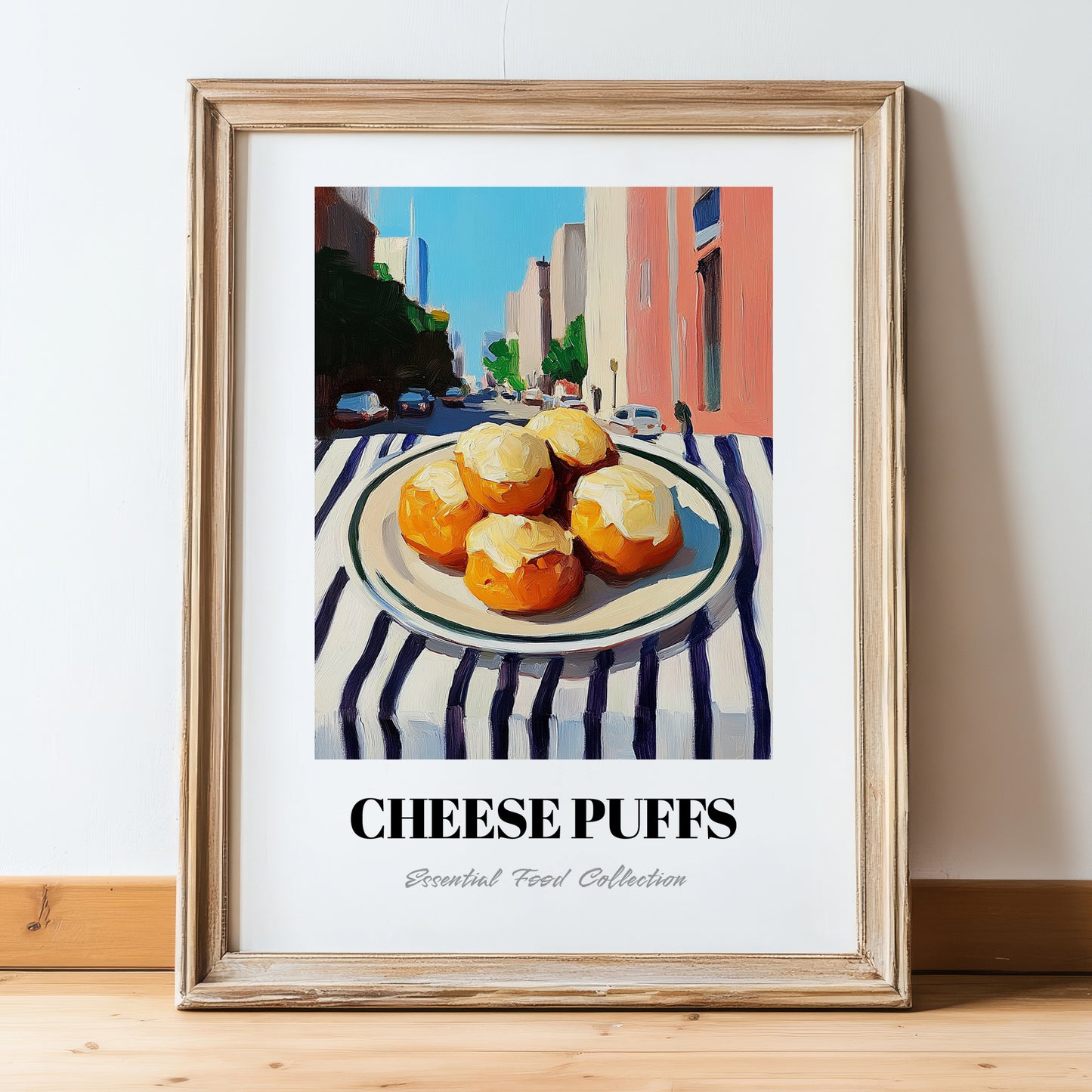 Cheese Puffs – New York Outdoor Café Scene, American Cheese Illustration, in wooden frame leaning on the floor