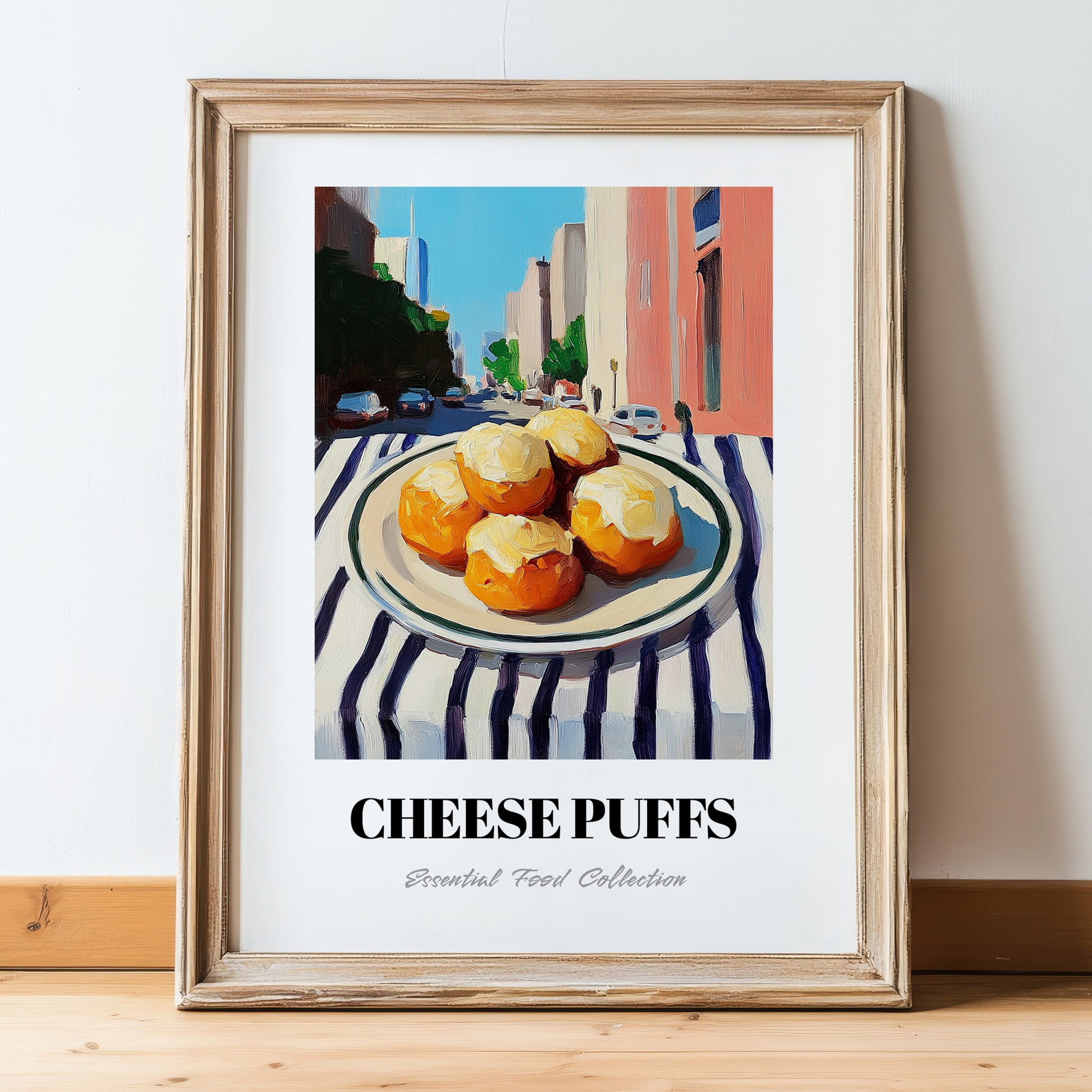 Cheese Puffs – New York Outdoor Café Scene, American Cheese Illustration, in wooden frame leaning on the floor