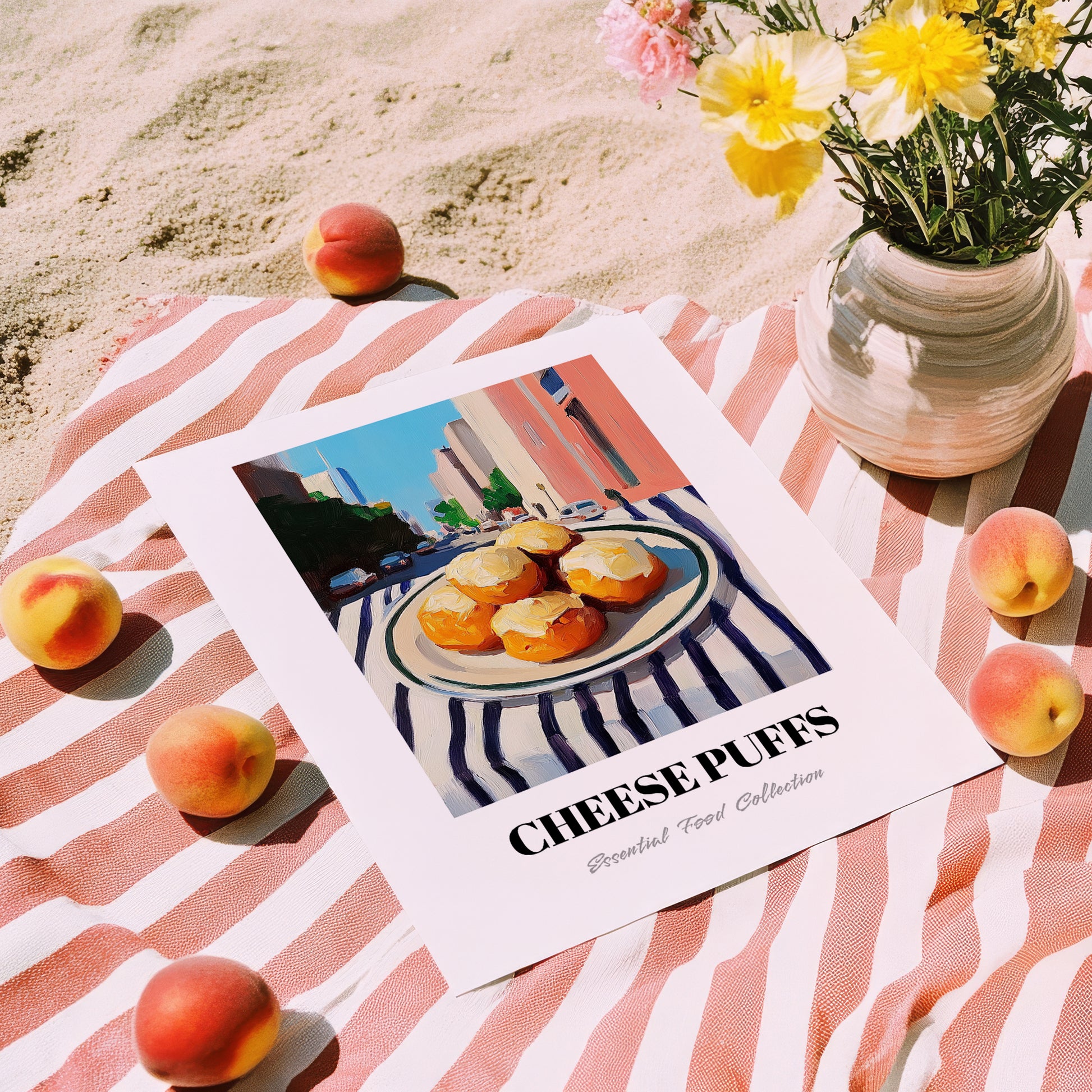 Cheese Puffs – New York Outdoor Café Scene, American Cheese Illustration, unframed on coastal sand