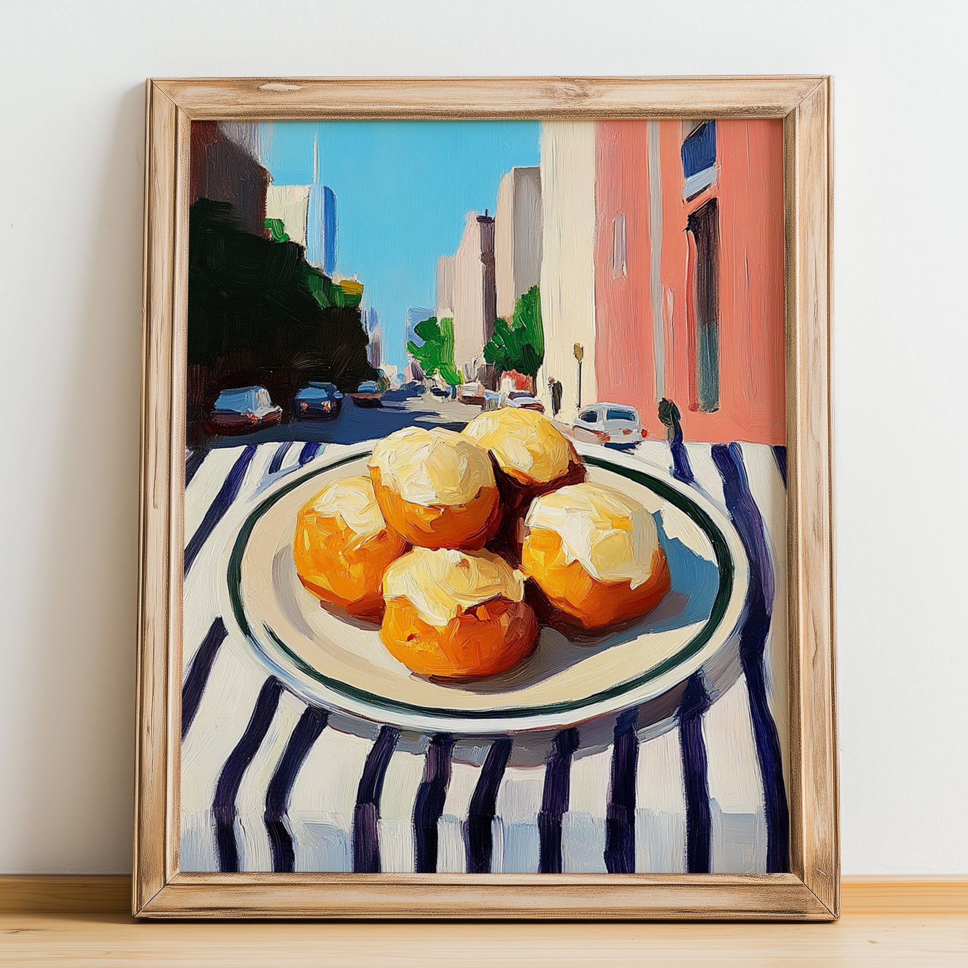 Cheese Puffs – New York Outdoor Café Scene, American Cheese Illustration, no-text version framed in wood