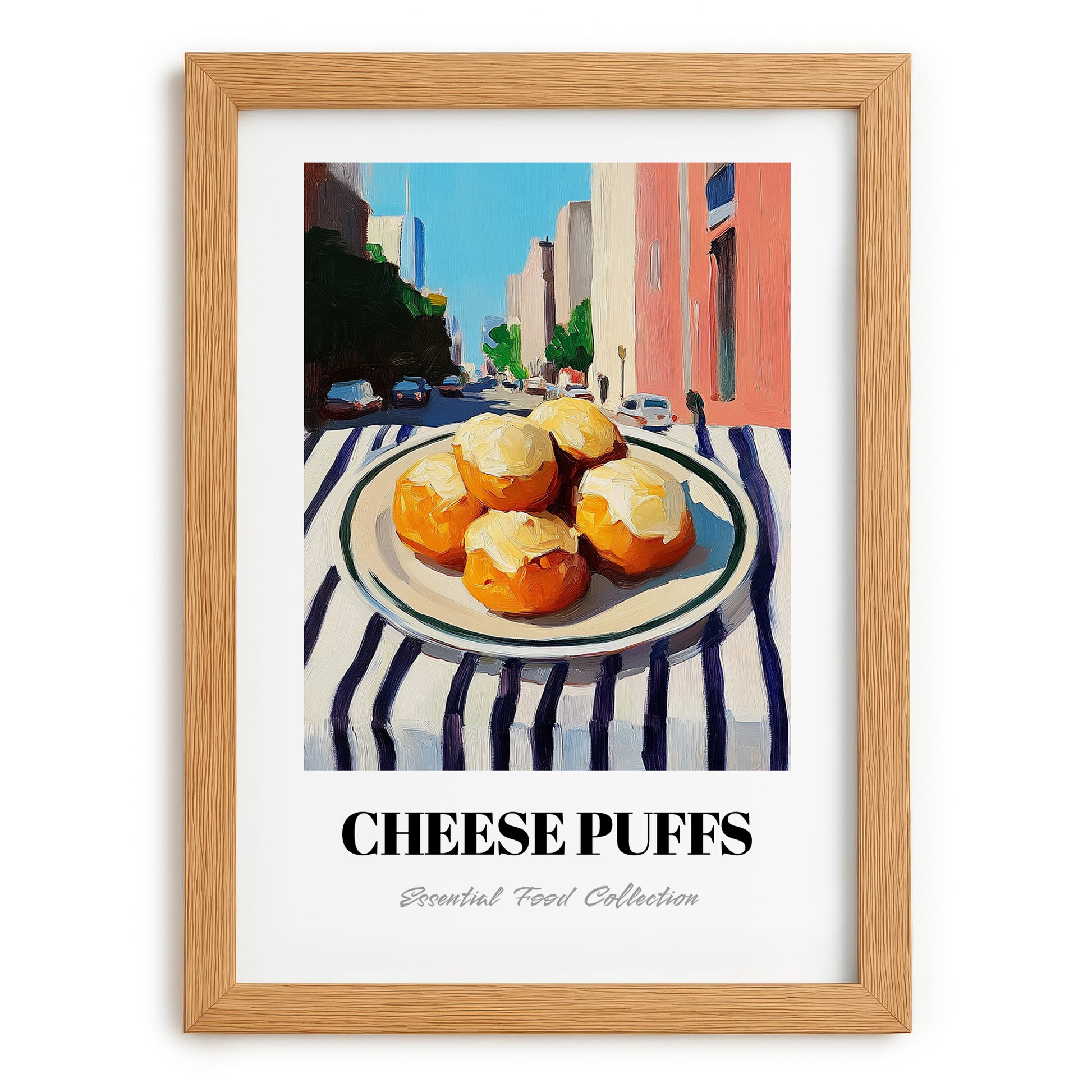 Cheese Puffs – New York Outdoor Café Scene, American Cheese Illustration, set in oak frame