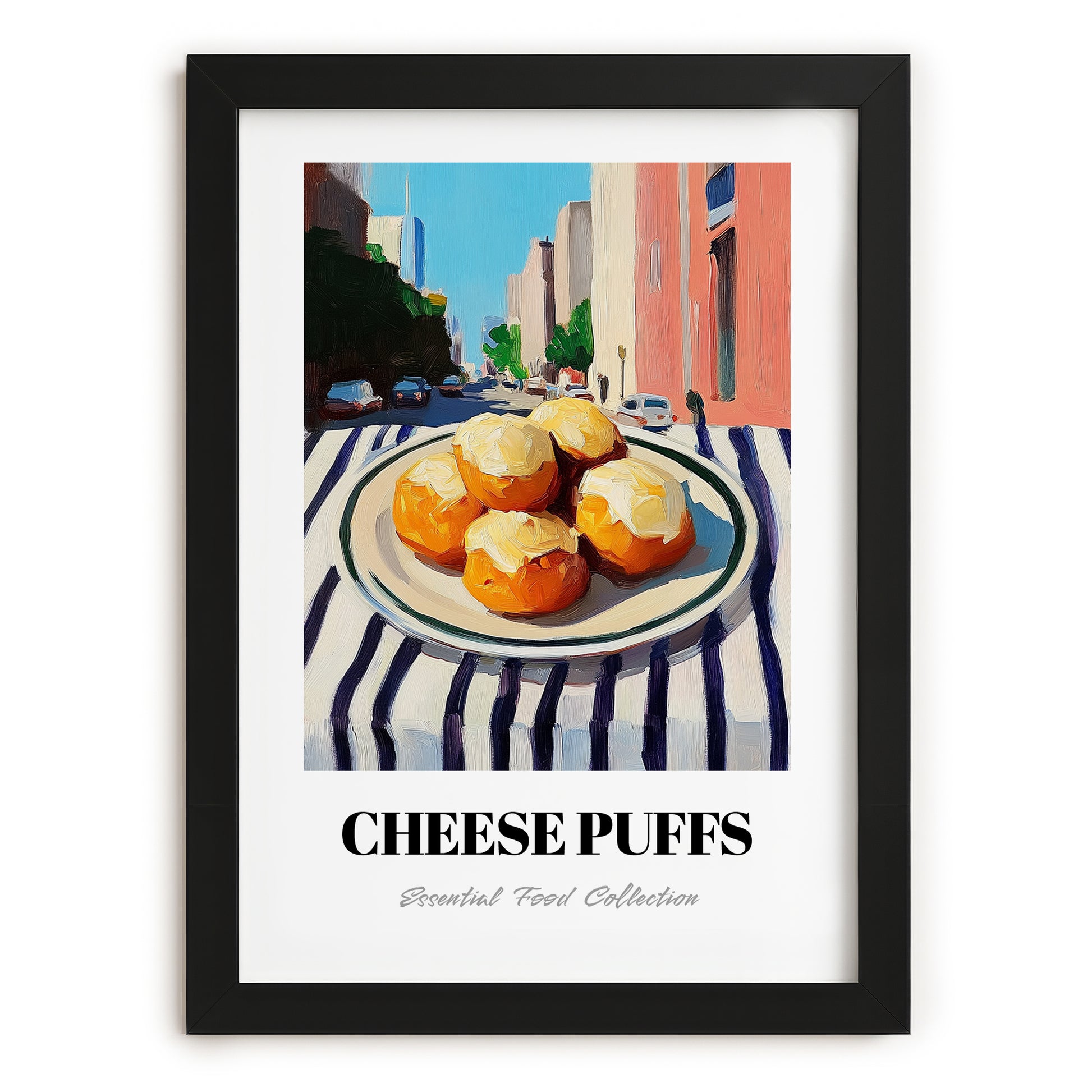 Cheese Puffs – New York Outdoor Café Scene, American Cheese Illustration, in sleek black frame