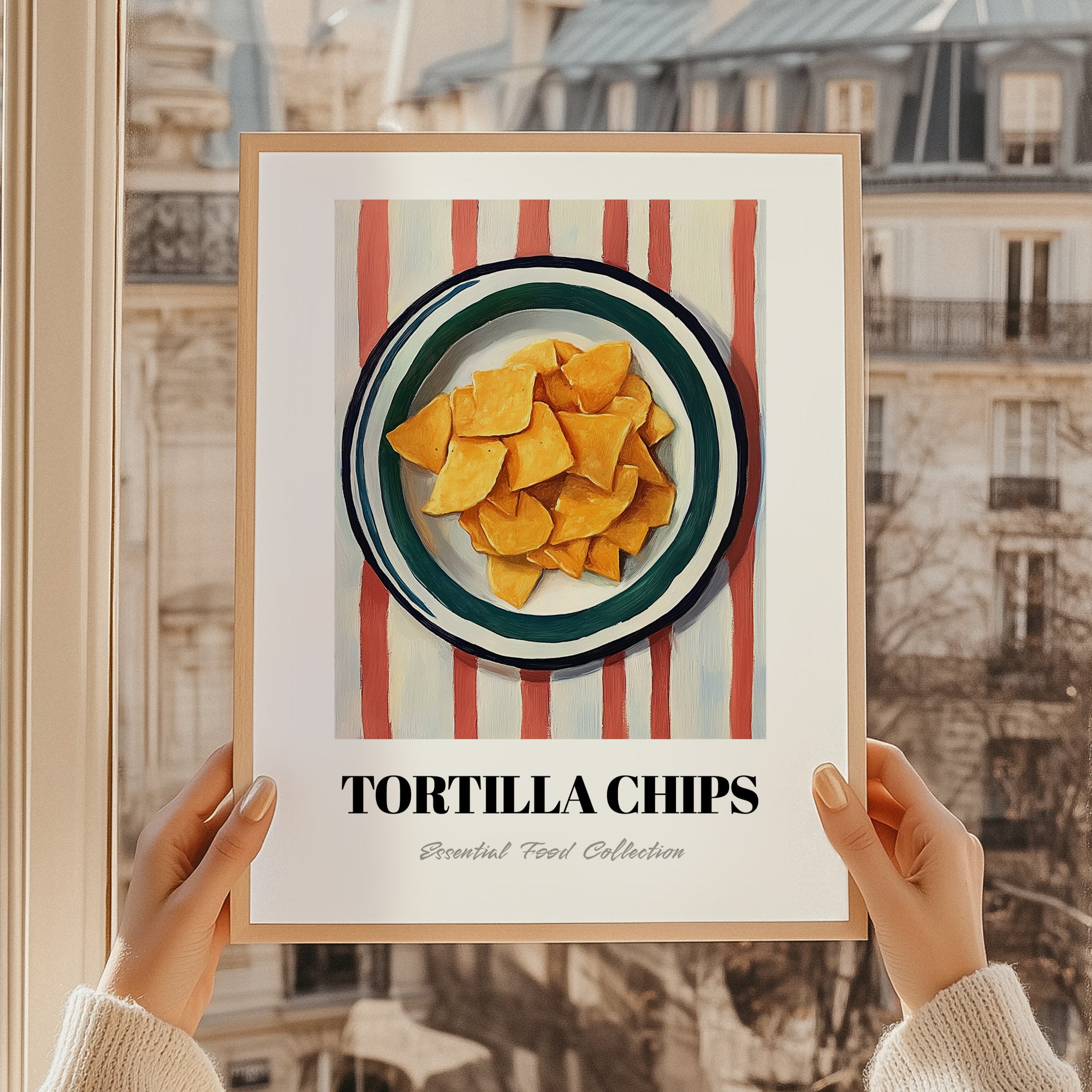 Tortilla Chips – on Striped Tablecloth, Mexican Food Illustration, styled in a charming Paris street view