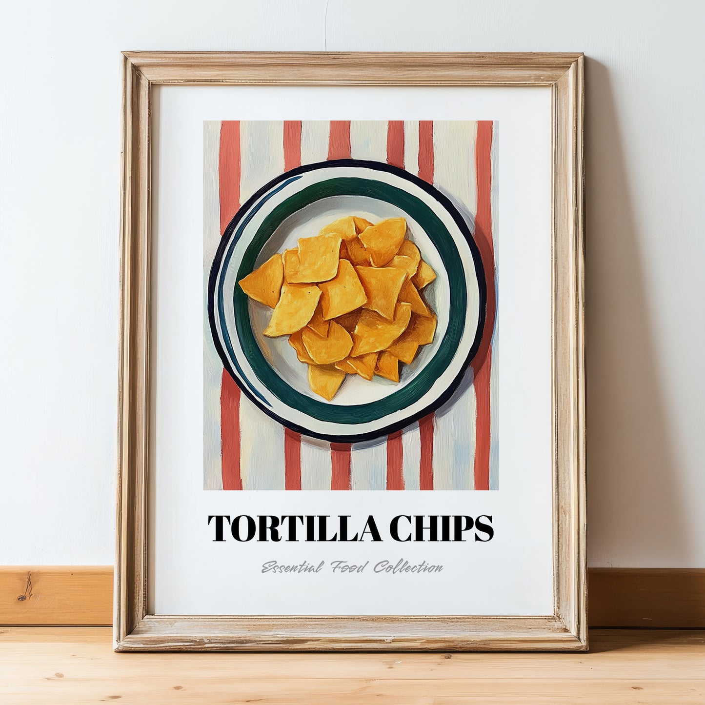 Tortilla Chips – on Striped Tablecloth, Mexican Food Illustration, in wooden frame leaning on the floor