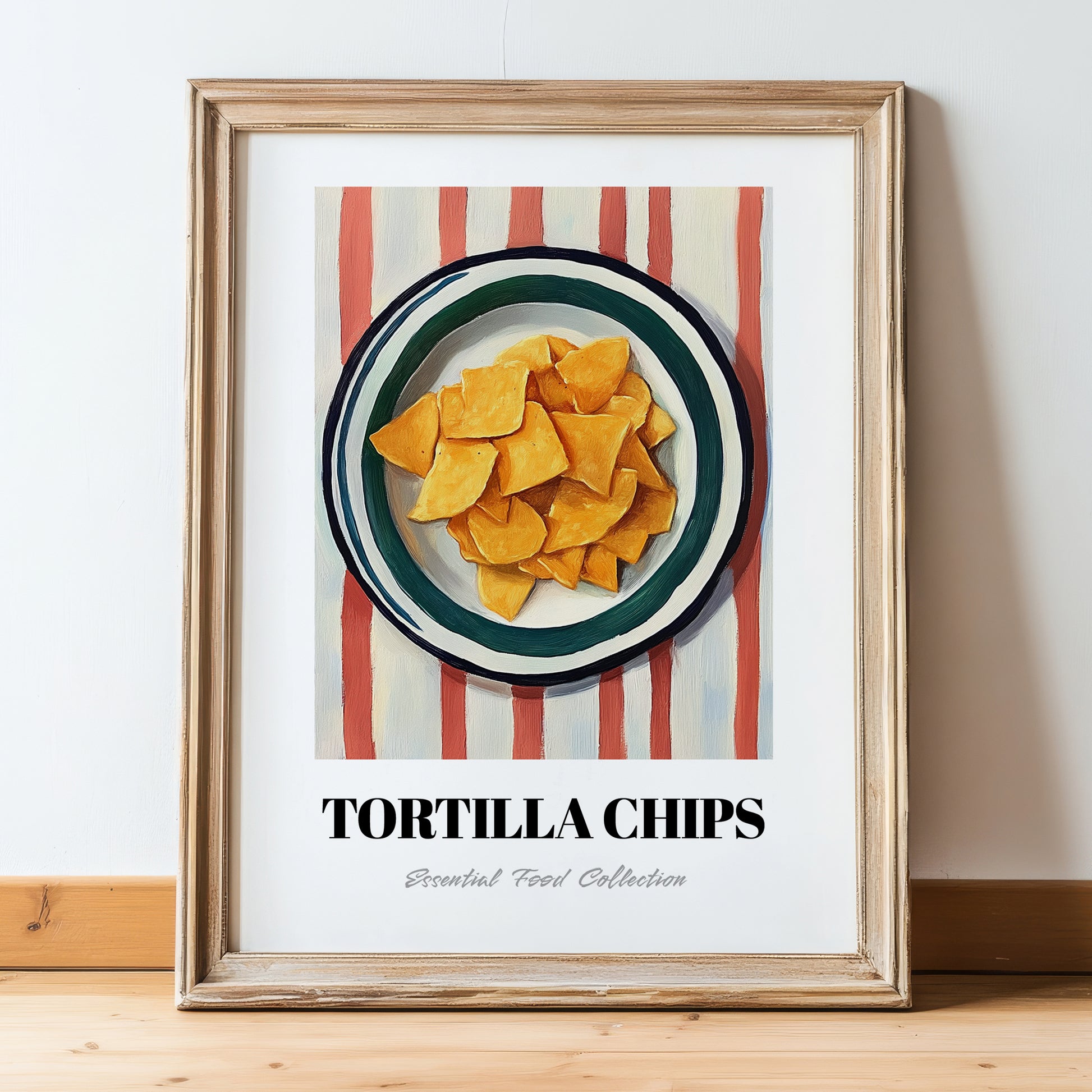 Tortilla Chips – on Striped Tablecloth, Mexican Food Illustration, in wooden frame leaning on the floor