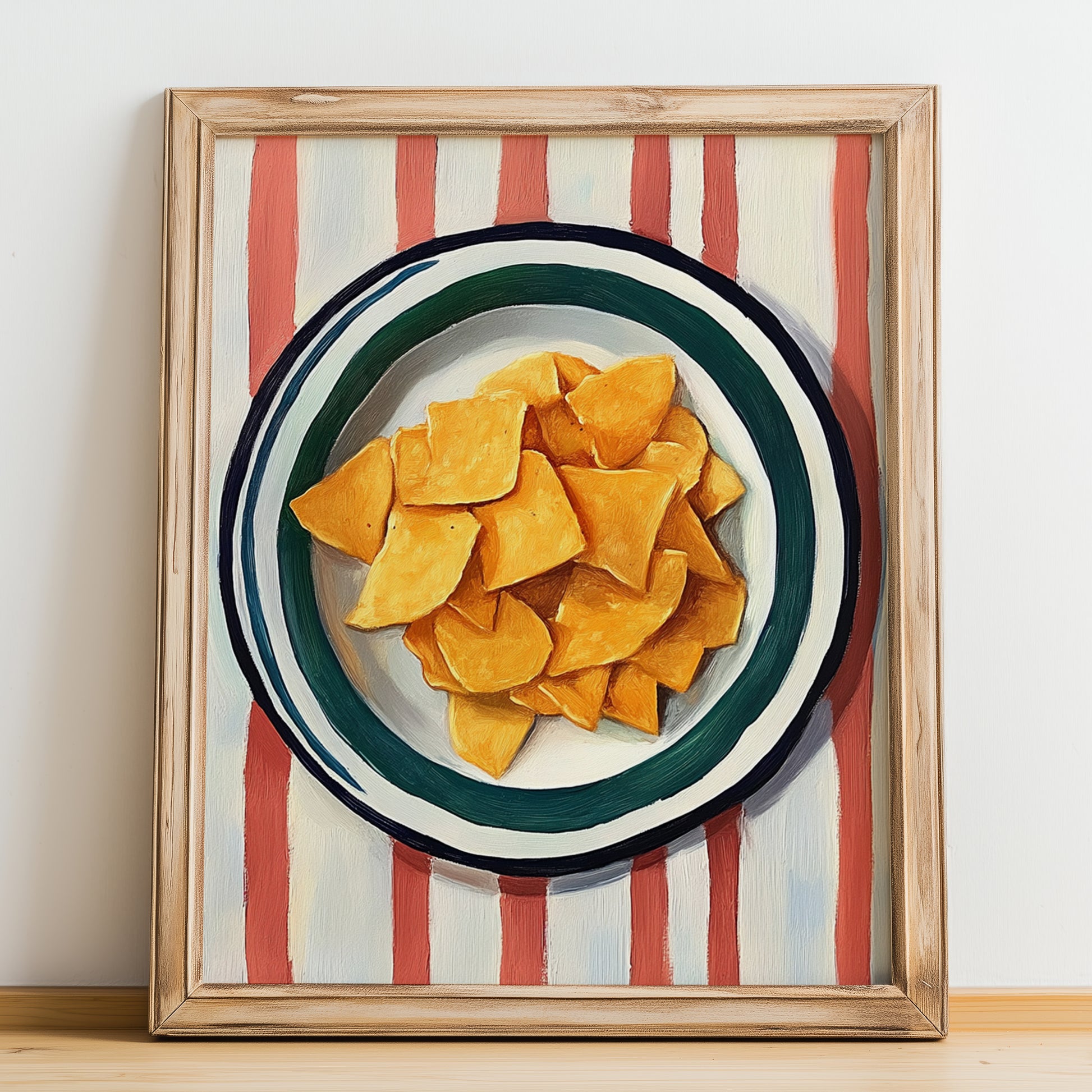 Tortilla Chips – on Striped Tablecloth, Mexican Food Illustration, no-text version framed in wood