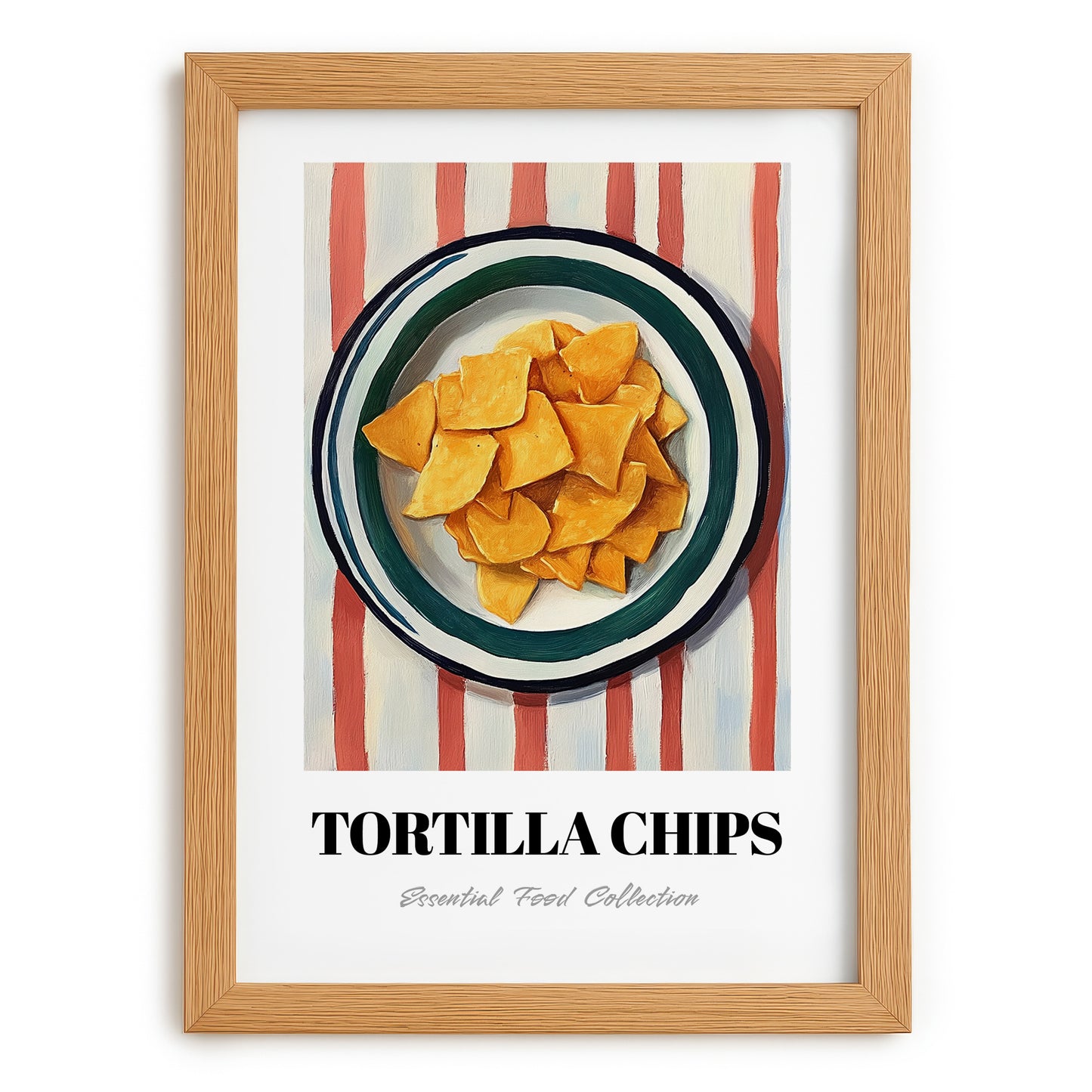 Tortilla Chips – on Striped Tablecloth, Mexican Food Illustration, set in oak frame