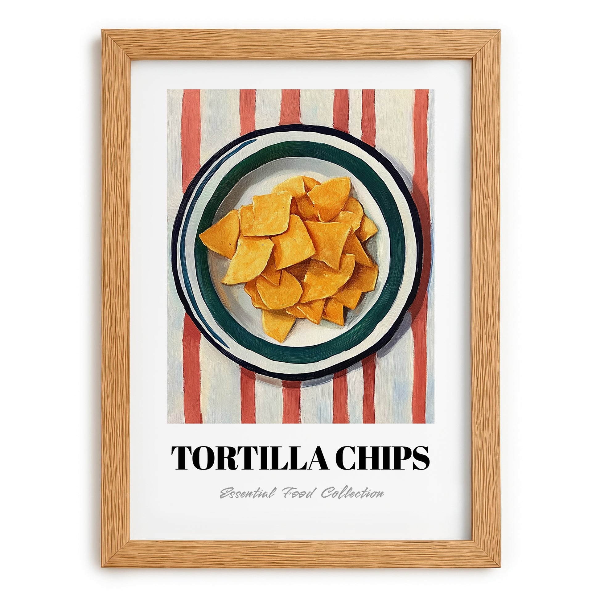 Tortilla Chips – on Striped Tablecloth, Mexican Food Illustration, set in oak frame
