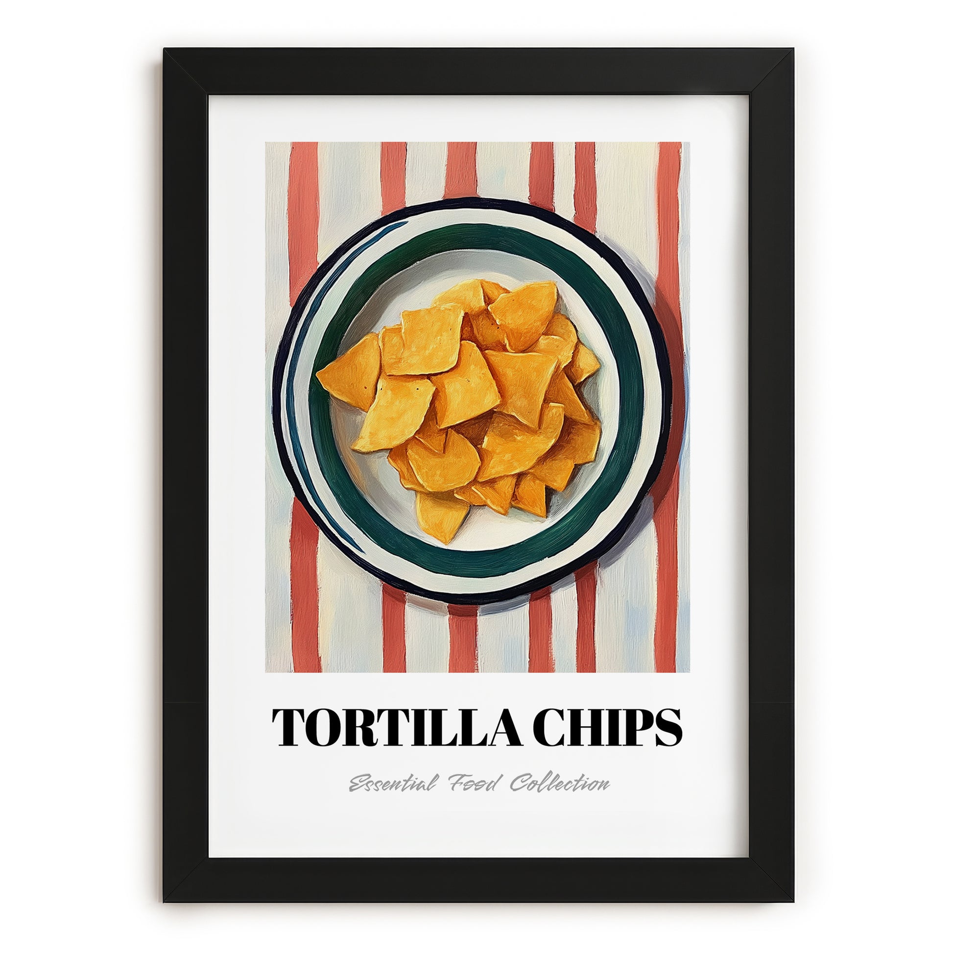 Tortilla Chips – on Striped Tablecloth, Mexican Food Illustration, in sleek black frame