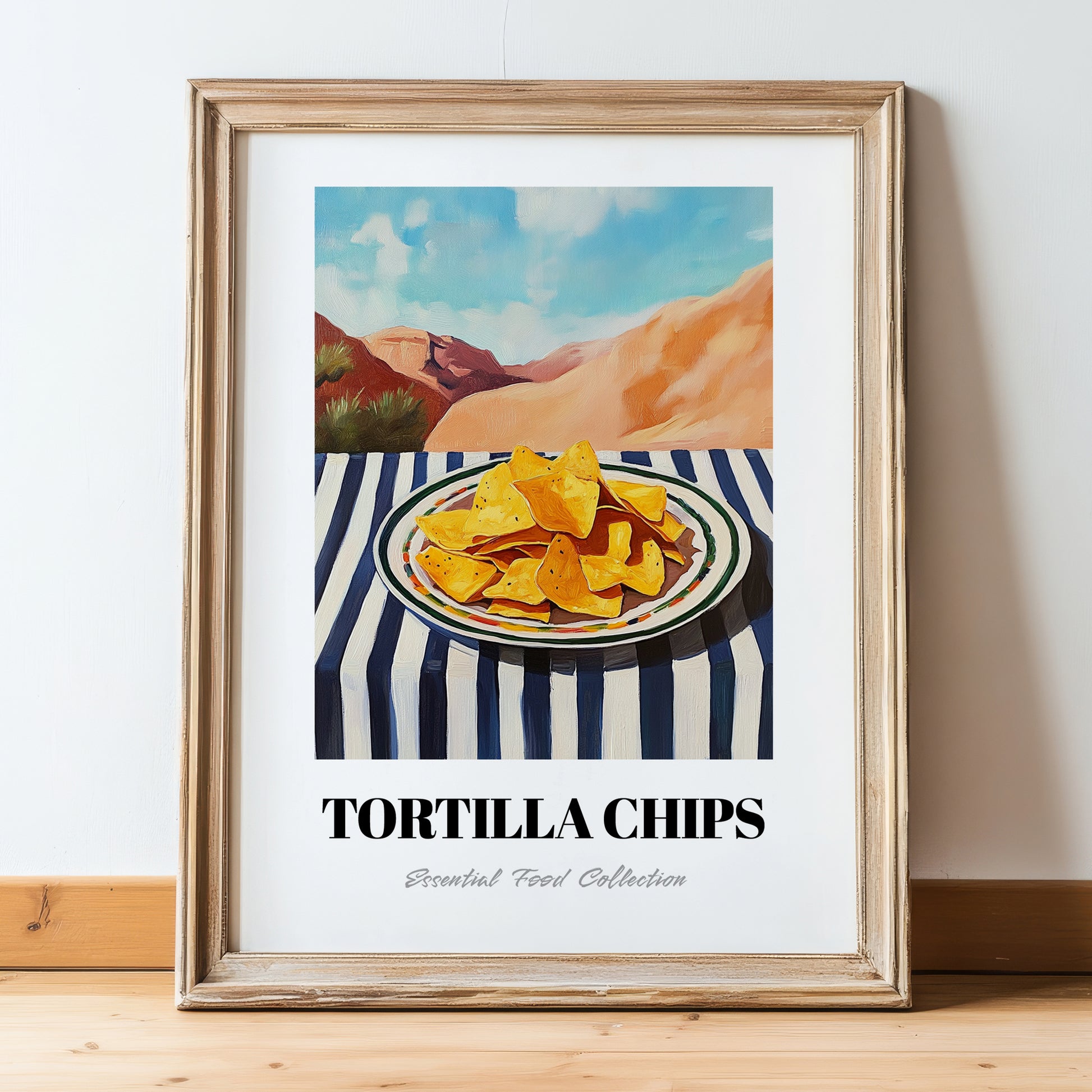 Tortilla Chips – Desert Café Scene, Mexican Food Wall Decor, in wooden frame leaning on the floor