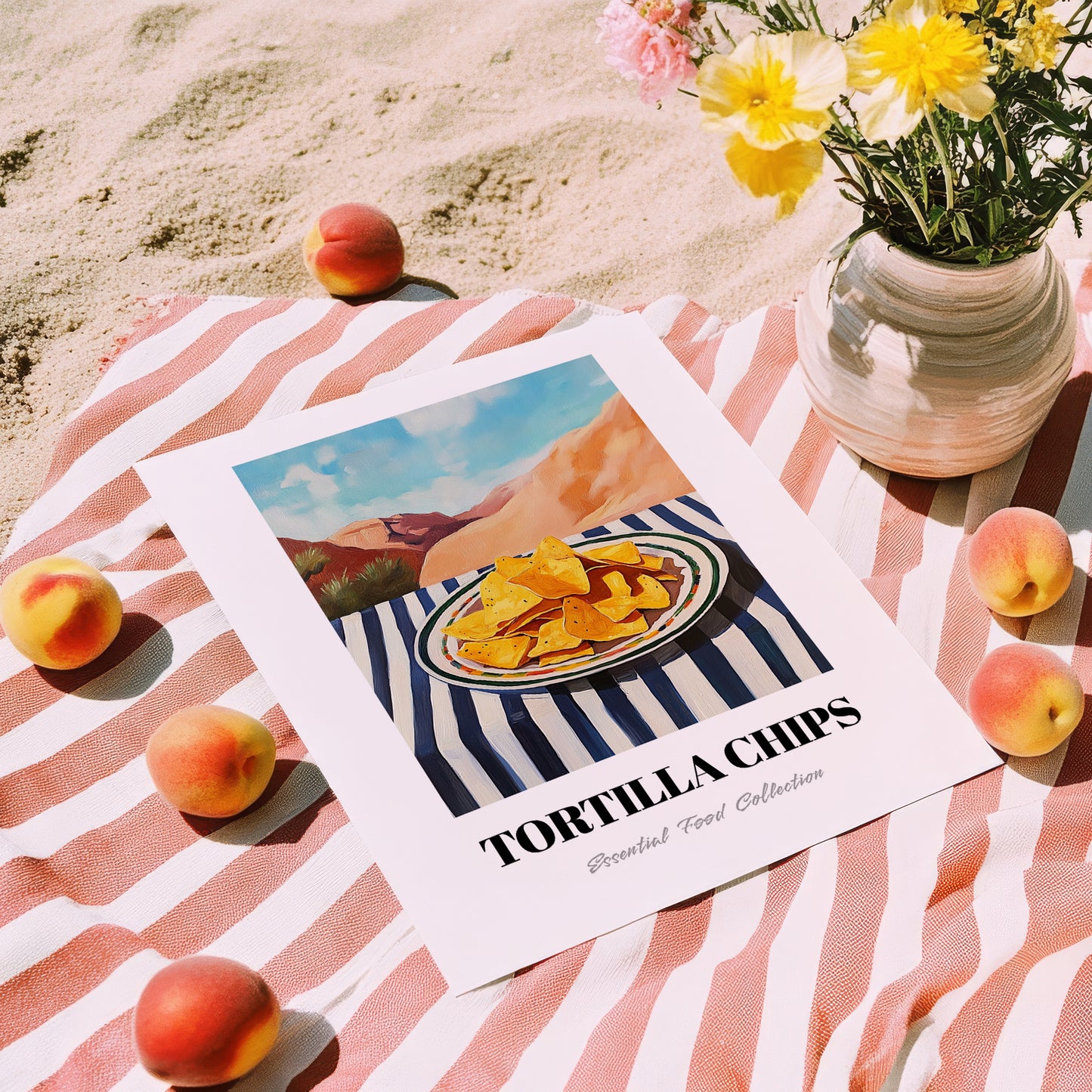 Tortilla Chips – Desert Café Scene, Mexican Food Wall Decor, unframed on coastal sand