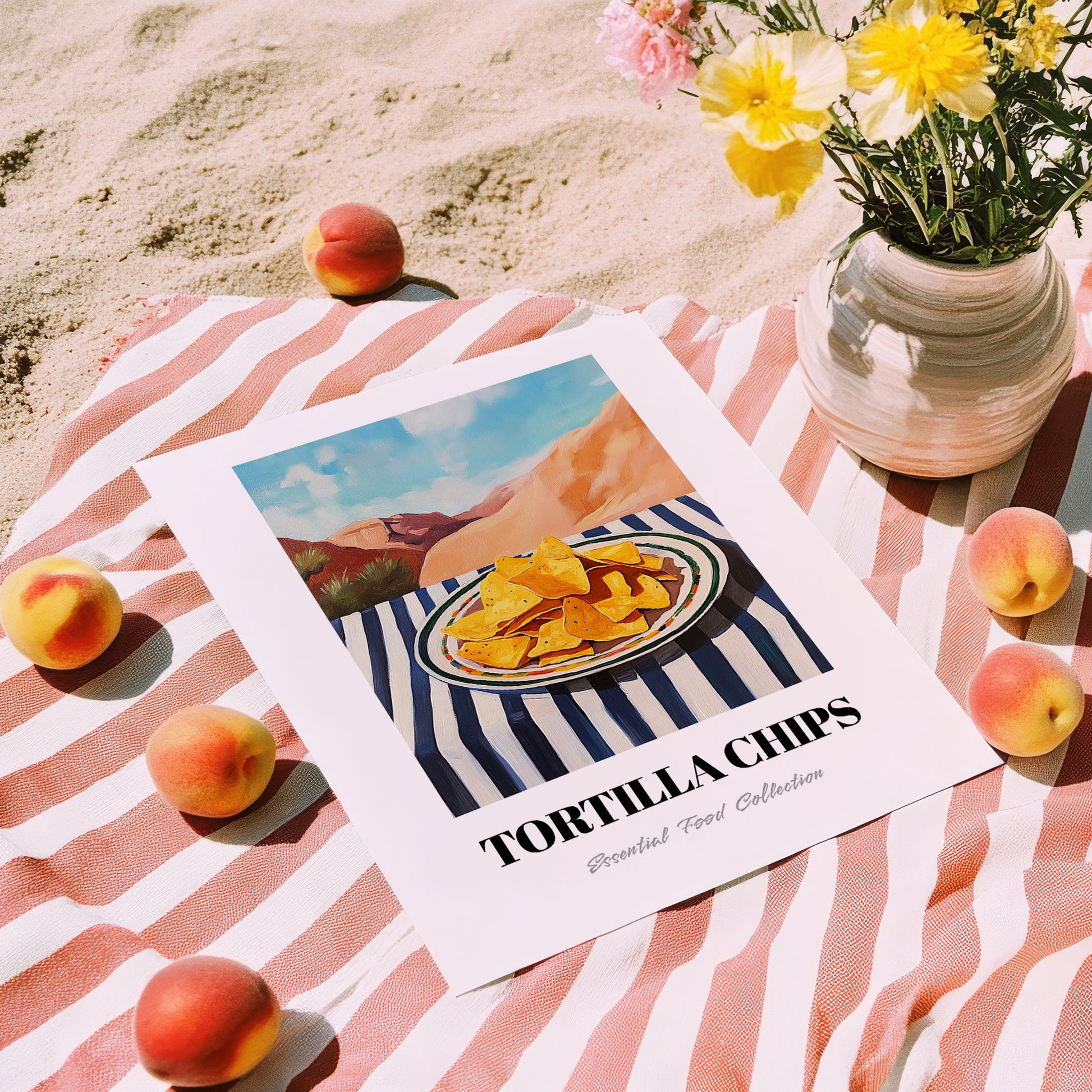 Tortilla Chips – Desert Café Scene, Mexican Food Wall Decor, unframed on coastal sand