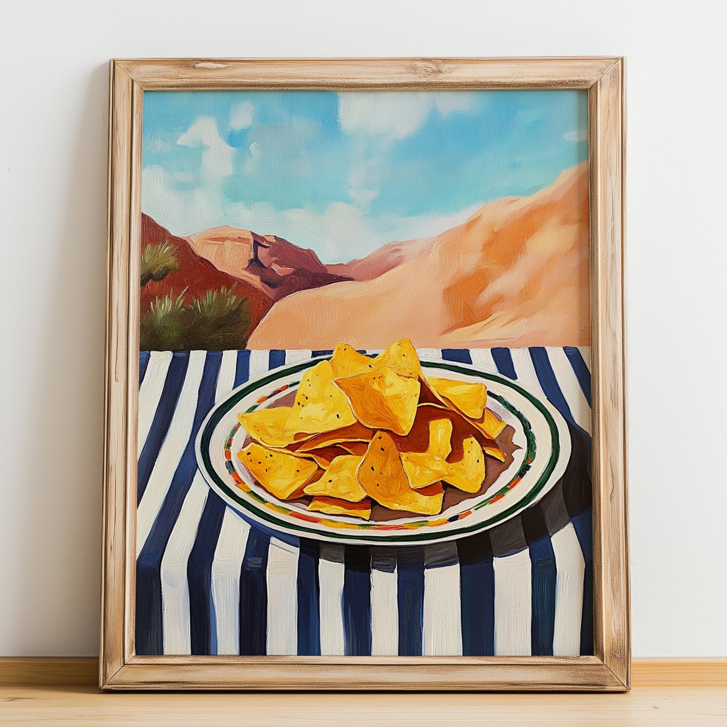Tortilla Chips – Desert Café Scene, Mexican Food Wall Decor, no-text version framed in wood
