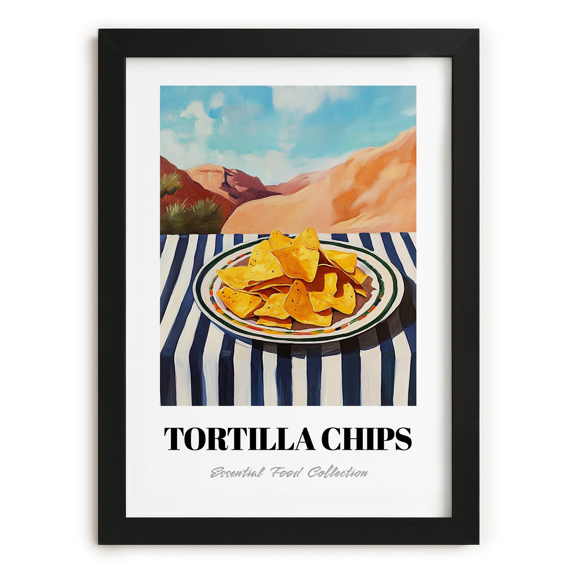 Tortilla Chips – Desert Café Scene, Mexican Food Wall Decor, in sleek black frame