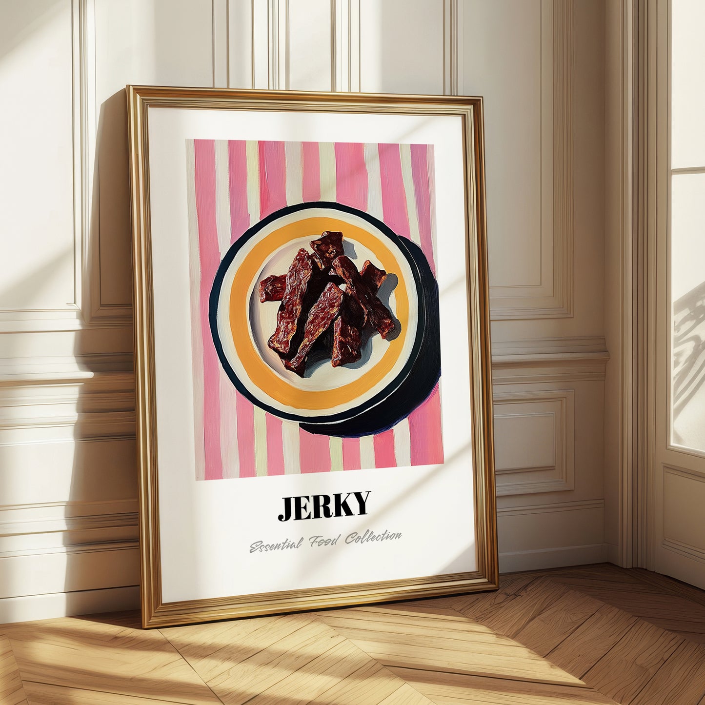 Jerky – on Striped Tablecloth, American Food Wall Decor