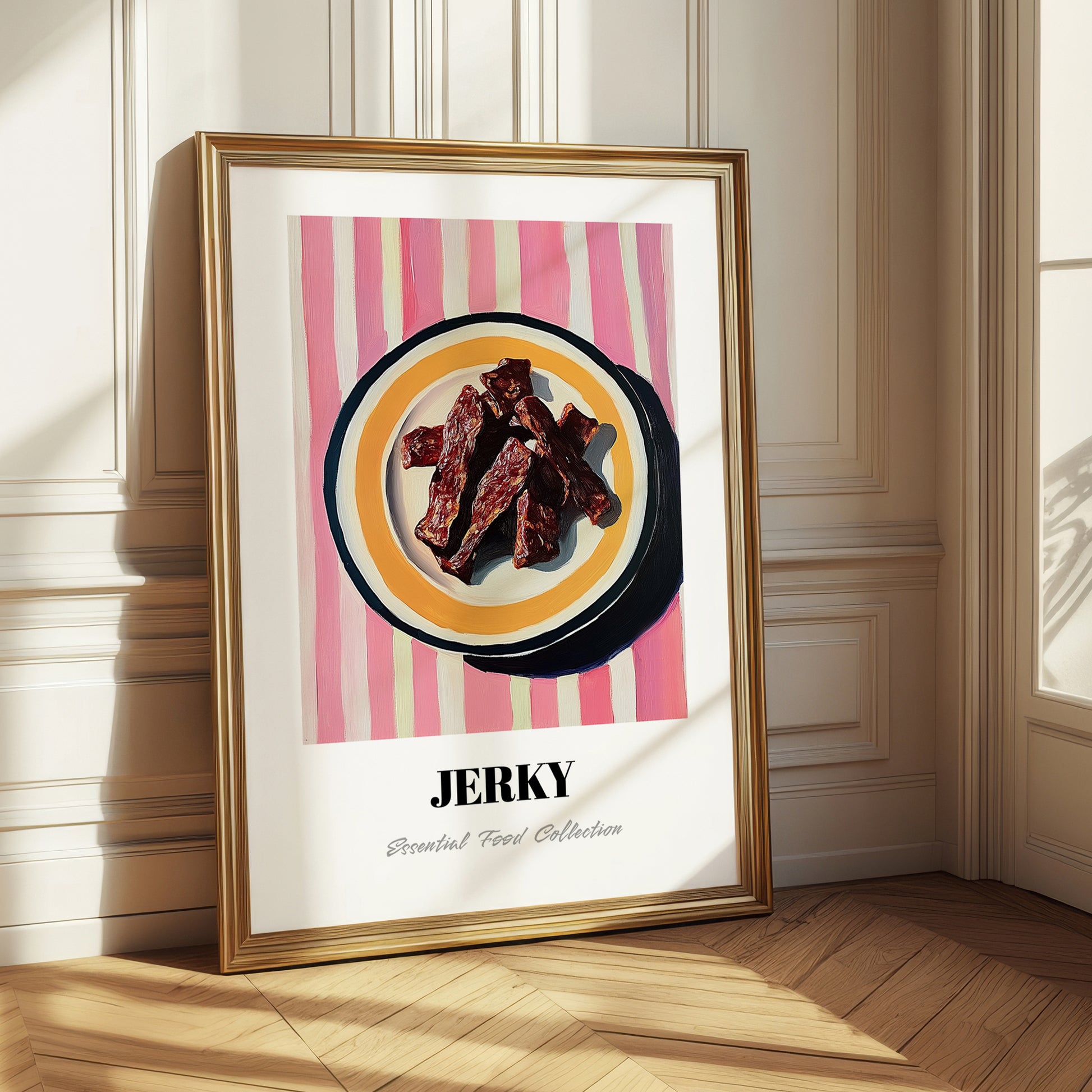 Jerky – on Striped Tablecloth, American Food Wall Decor