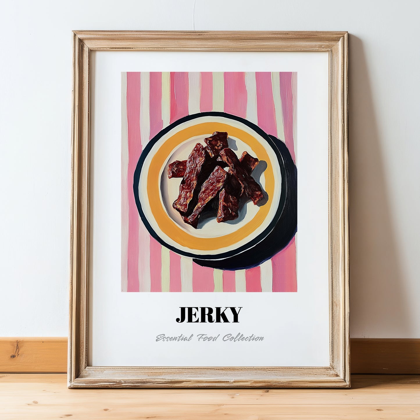 Jerky – on Striped Tablecloth, American Food Wall Decor, in wooden frame leaning on the floor