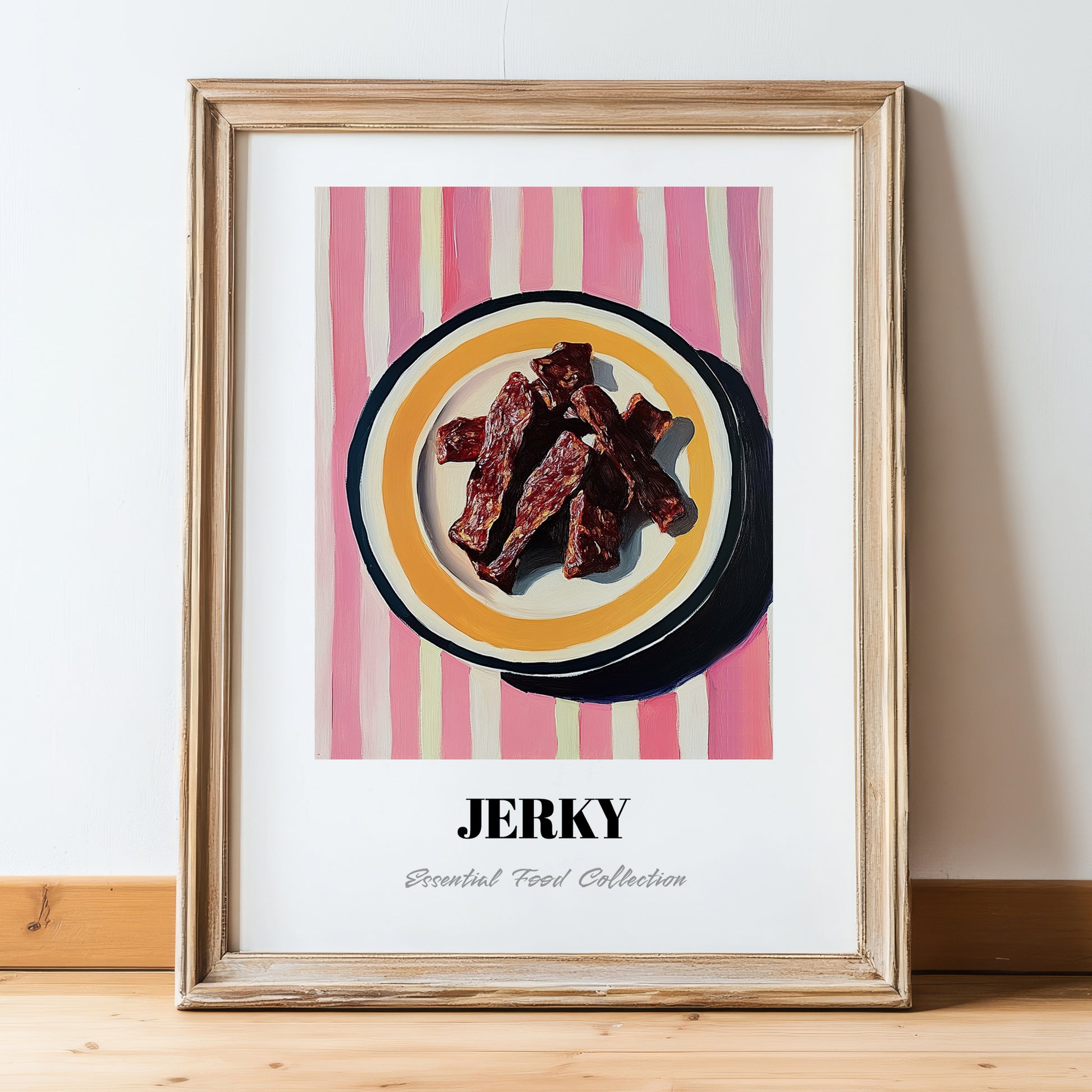 Jerky – on Striped Tablecloth, American Food Wall Decor, in wooden frame leaning on the floor