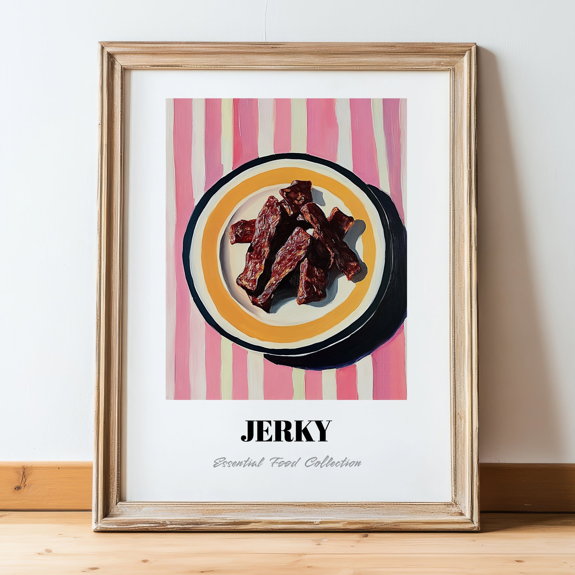 Jerky – on Striped Tablecloth, American Food Wall Decor, in wooden frame leaning on the floor