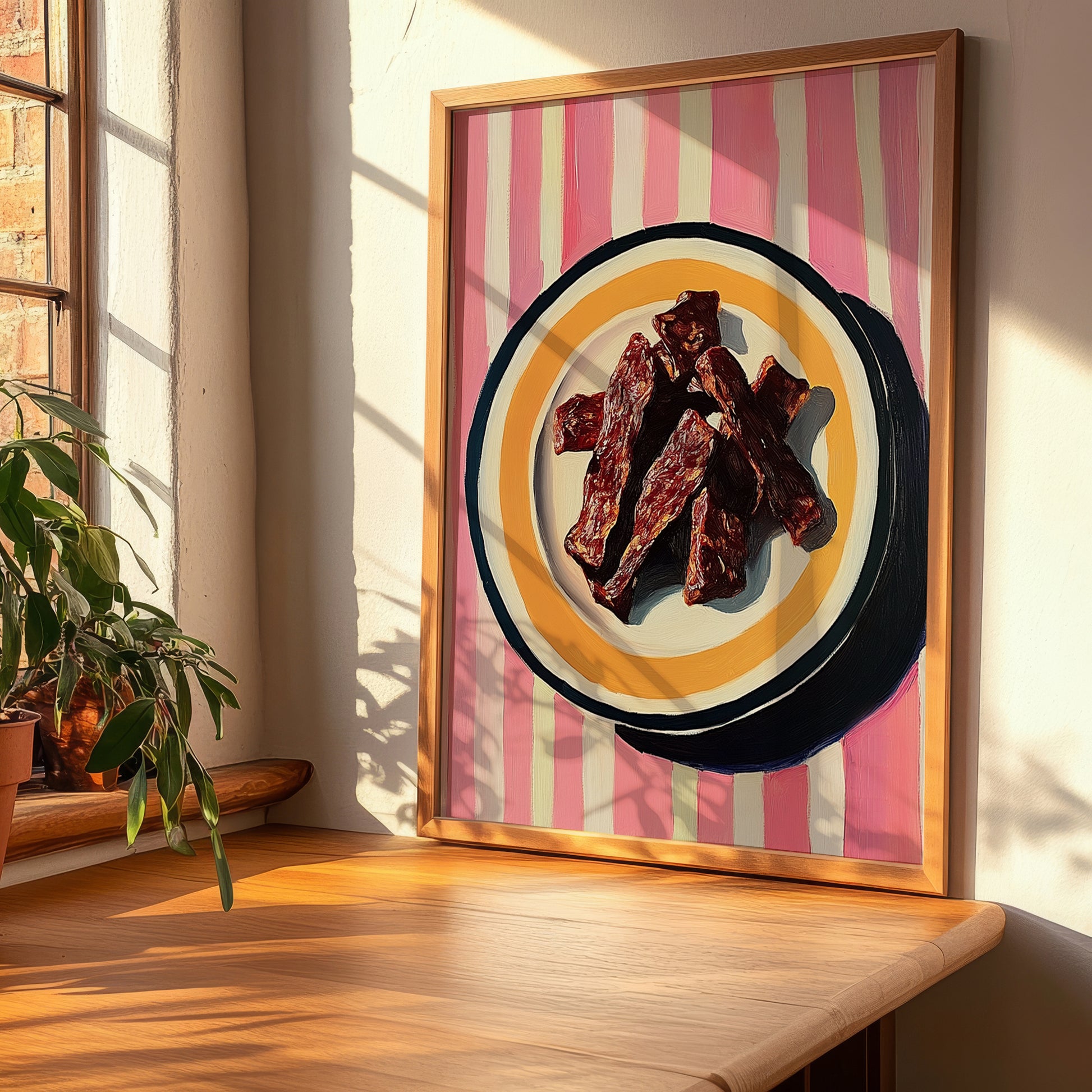 Jerky – on Striped Tablecloth, American Food Wall Decor, clean layout with no caption