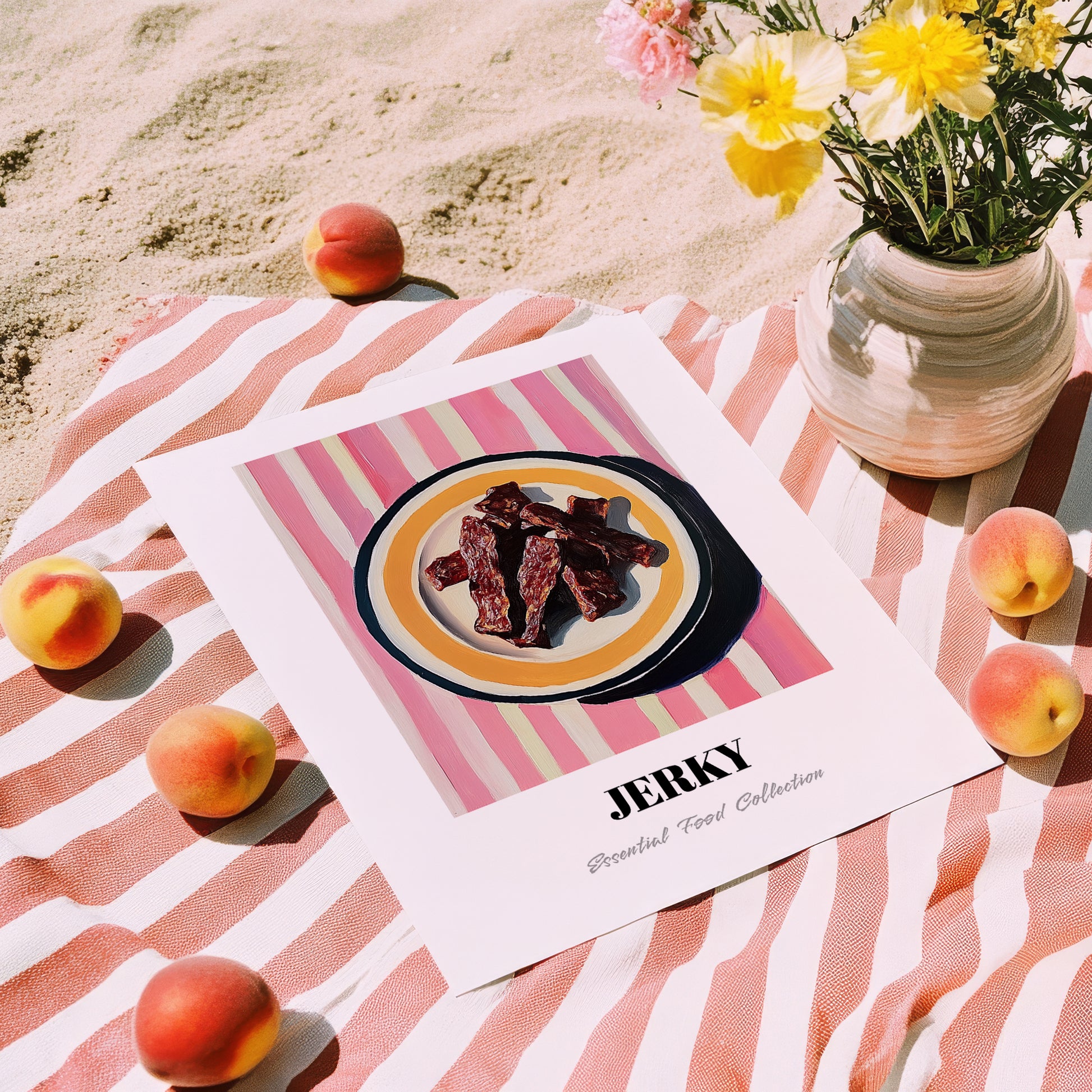 Jerky – on Striped Tablecloth, American Food Wall Decor, unframed on coastal sand