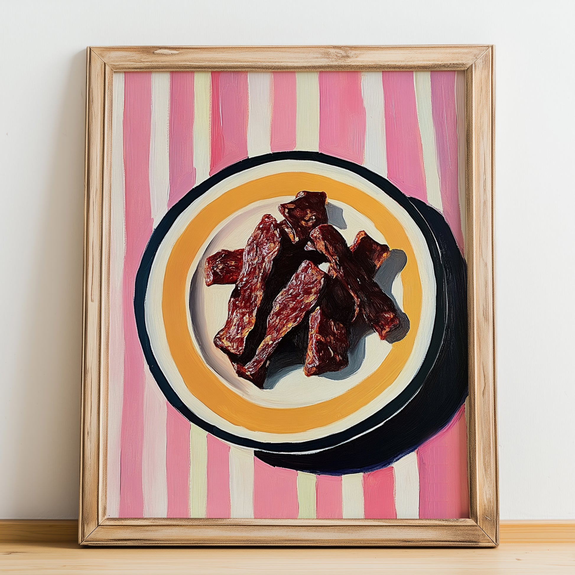 Jerky – on Striped Tablecloth, American Food Wall Decor, no-text version framed in wood