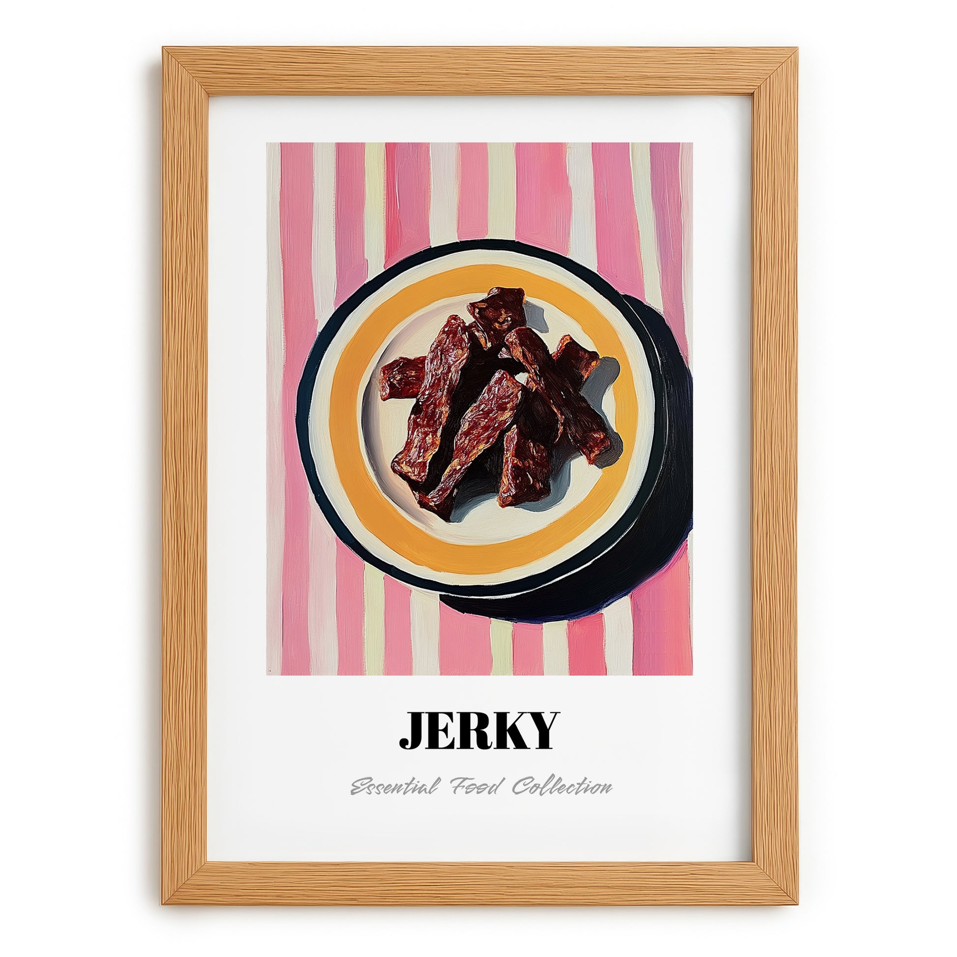 Jerky – on Striped Tablecloth, American Food Wall Decor, set in oak frame