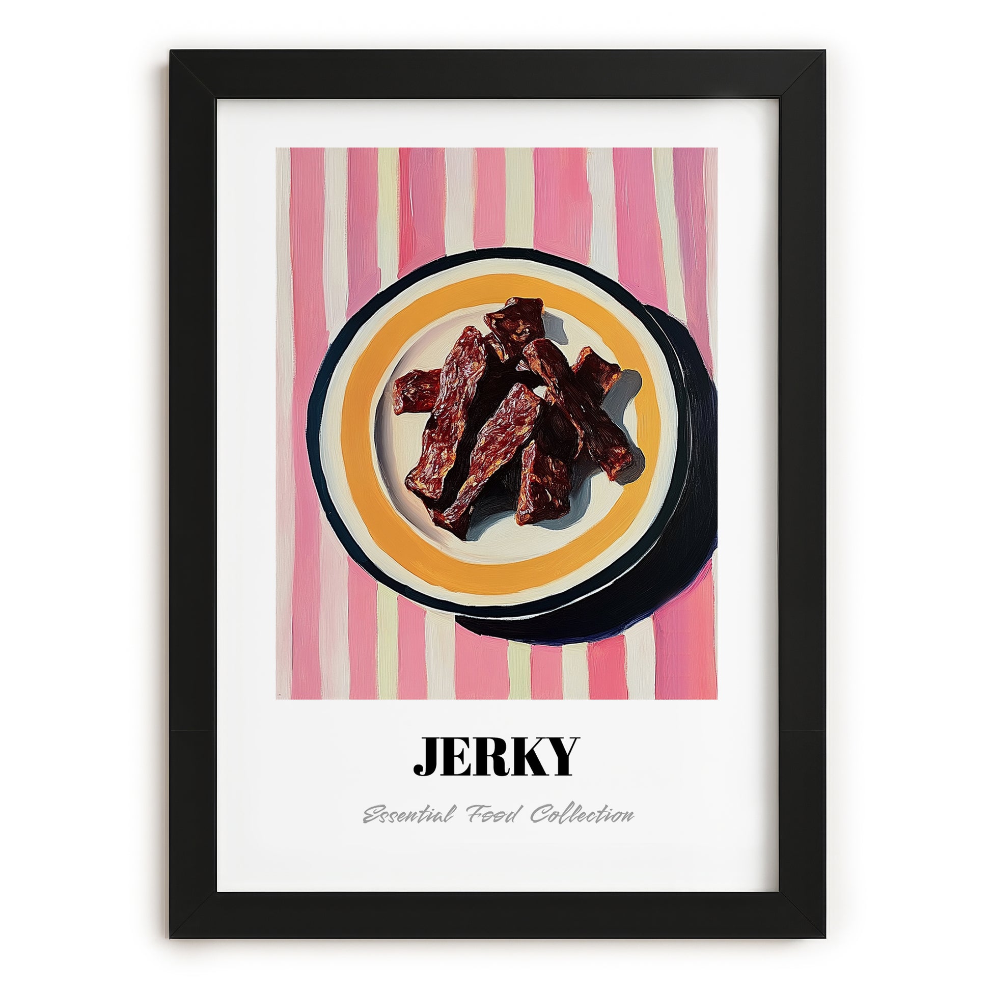 Jerky – on Striped Tablecloth, American Food Wall Decor, in sleek black frame