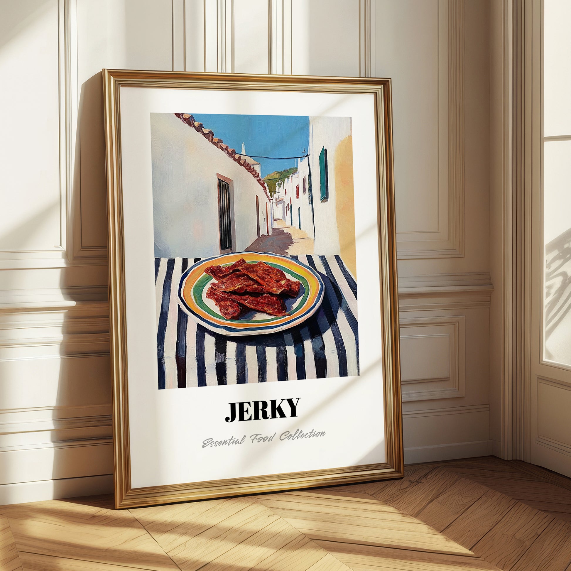 Jerky – White village Street Café Scene, American Food Poster