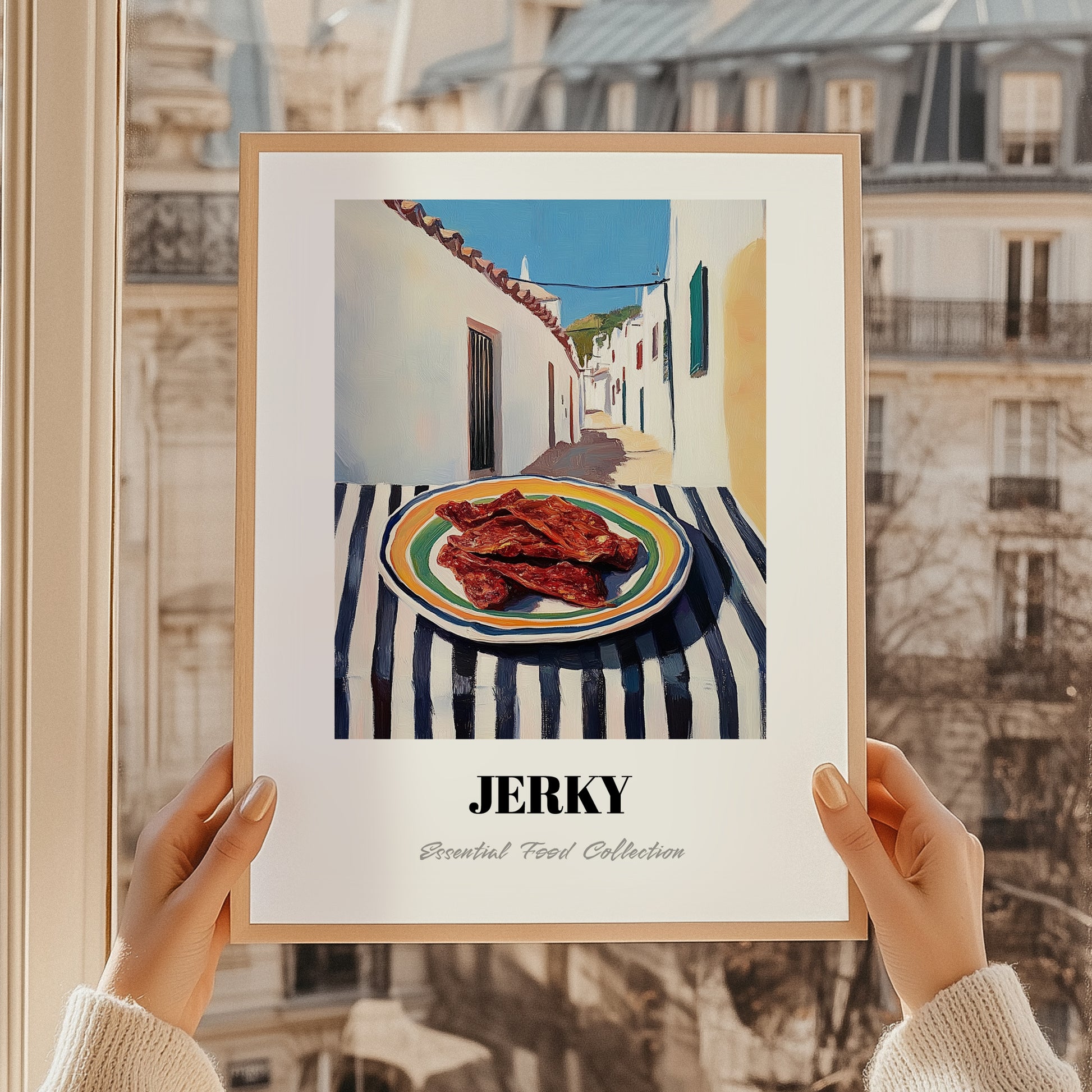 Jerky – White village Street Café Scene, American Food Poster, styled in a charming Paris street view