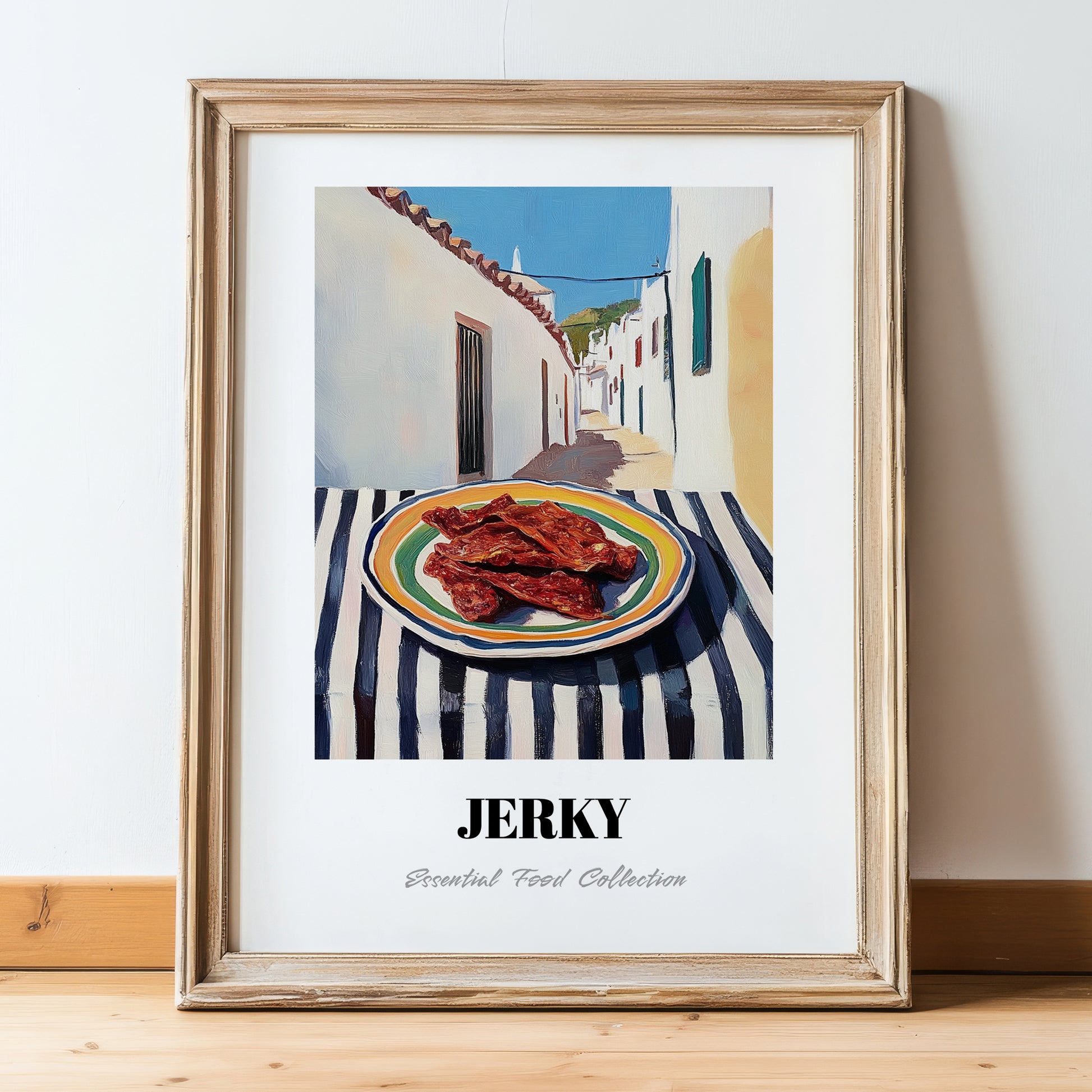 Jerky – White village Street Café Scene, American Food Poster, in wooden frame leaning on the floor