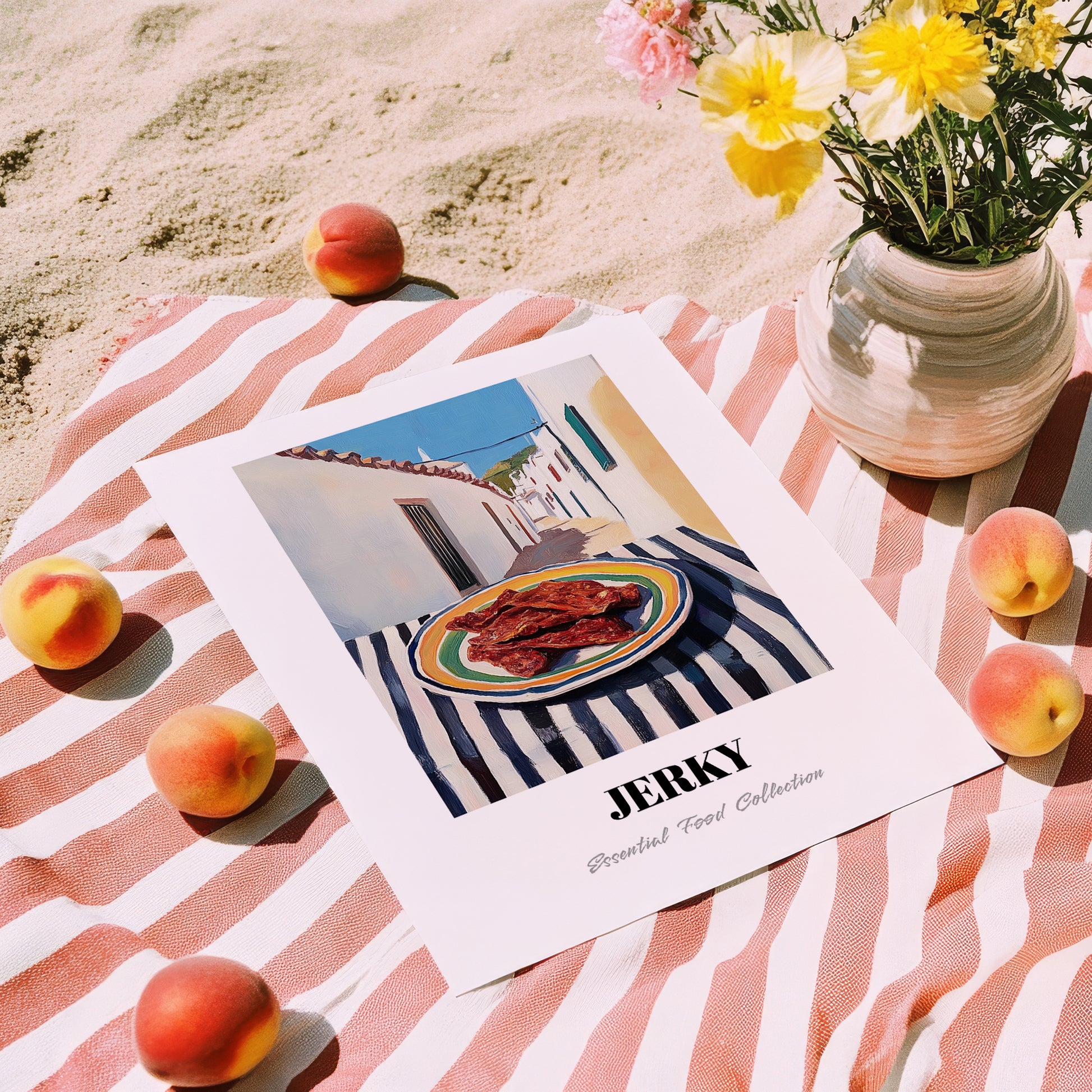 Jerky – White village Street Café Scene, American Food Poster, unframed on coastal sand