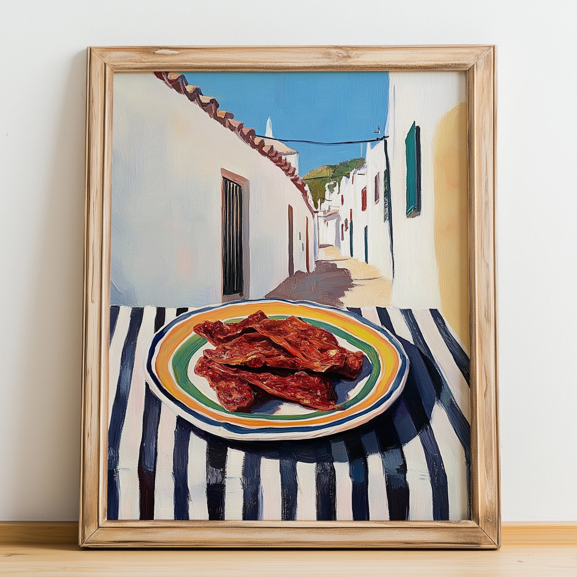 Jerky – White village Street Café Scene, American Food Poster, no-text version framed in wood
