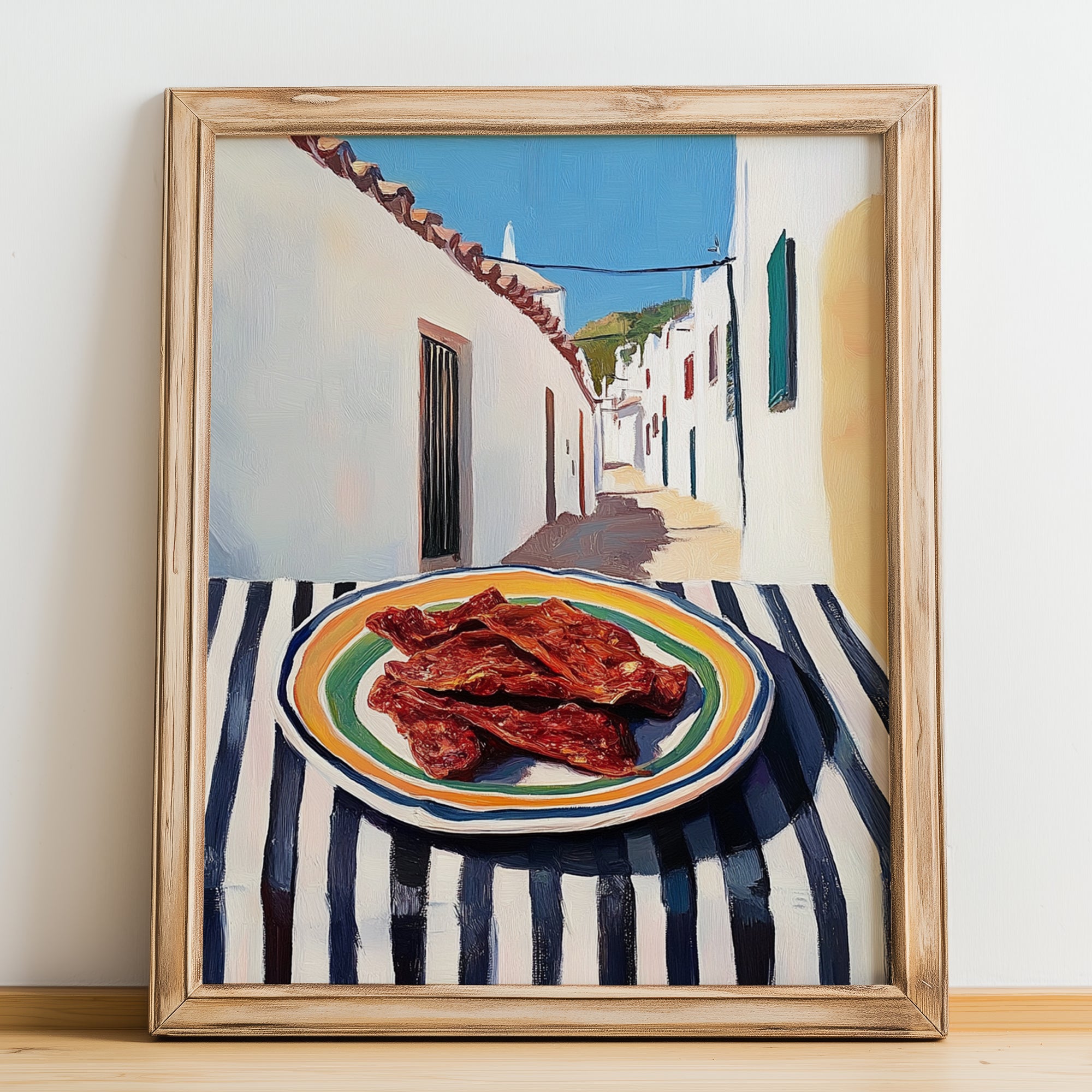 Jerky – White village Street Café Scene, American Food Poster, no-text version framed in wood