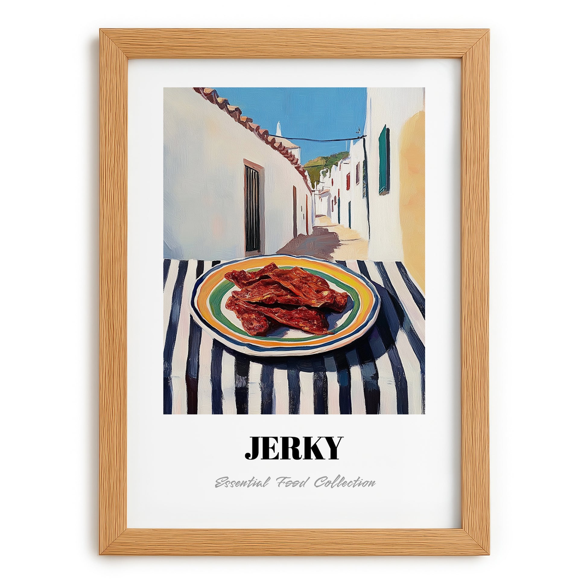 Jerky – White village Street Café Scene, American Food Poster, set in oak frame