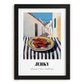 Jerky – White village Street Café Scene, American Food Poster, in sleek black frame