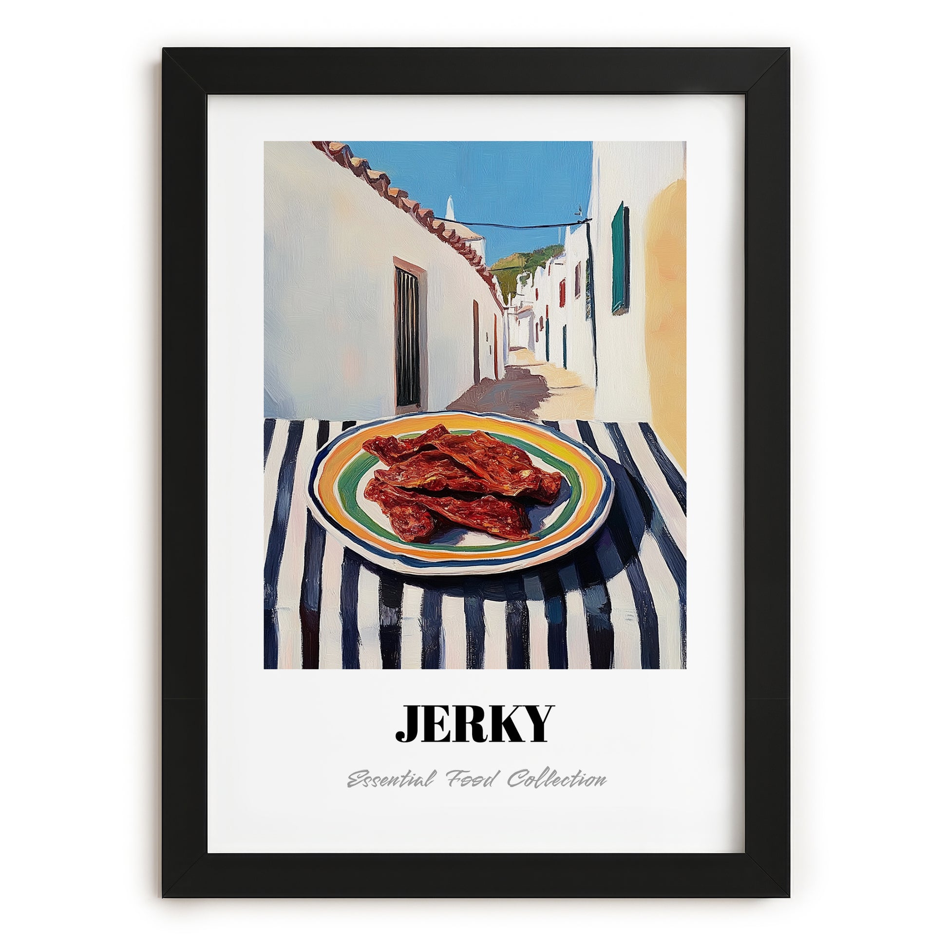Jerky – White village Street Café Scene, American Food Poster, in sleek black frame